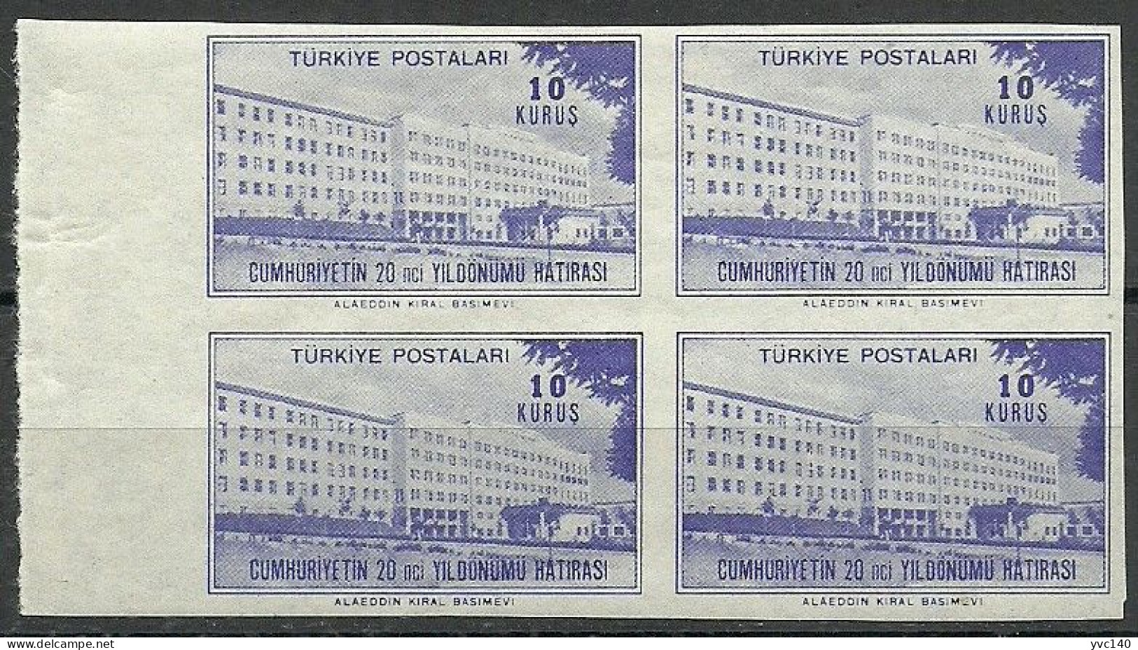 Turkey; 1943 20th Anniv. Of The Republic 10 K. ERROR "Imperforate Block Of 4" - Unused Stamps