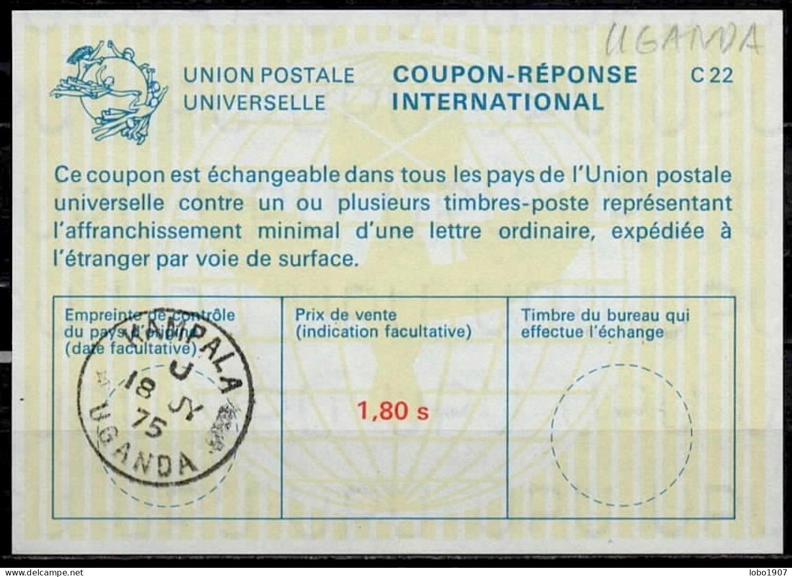 OUGANDA UGANDA  La22A  1,80 S  International Reply Coupon Reponse Antwortschein IRC IAS  O KAMPALA UGANDA 18.07.75 - Kenya, Oeganda & Tanganyika