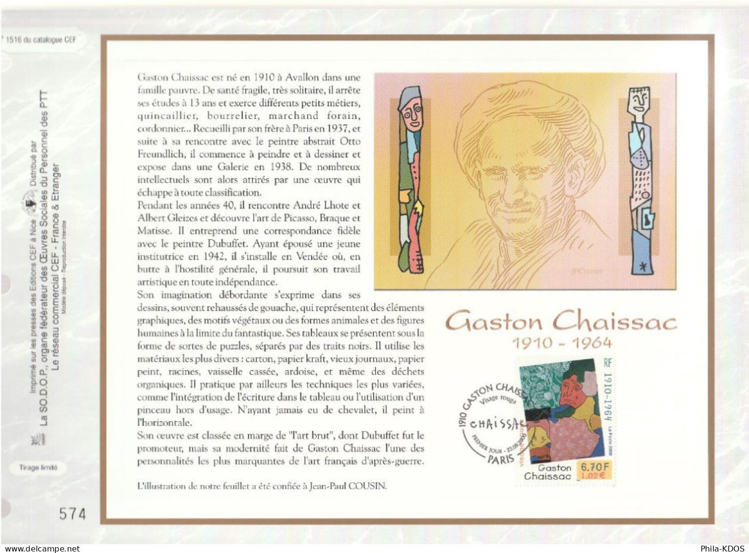 " GASTON CHAISSAC " Sur Feuillet CEF De 2000. N° 1516. N° YT 3350 Parfait état FDC à Saisir !!! - Other & Unclassified