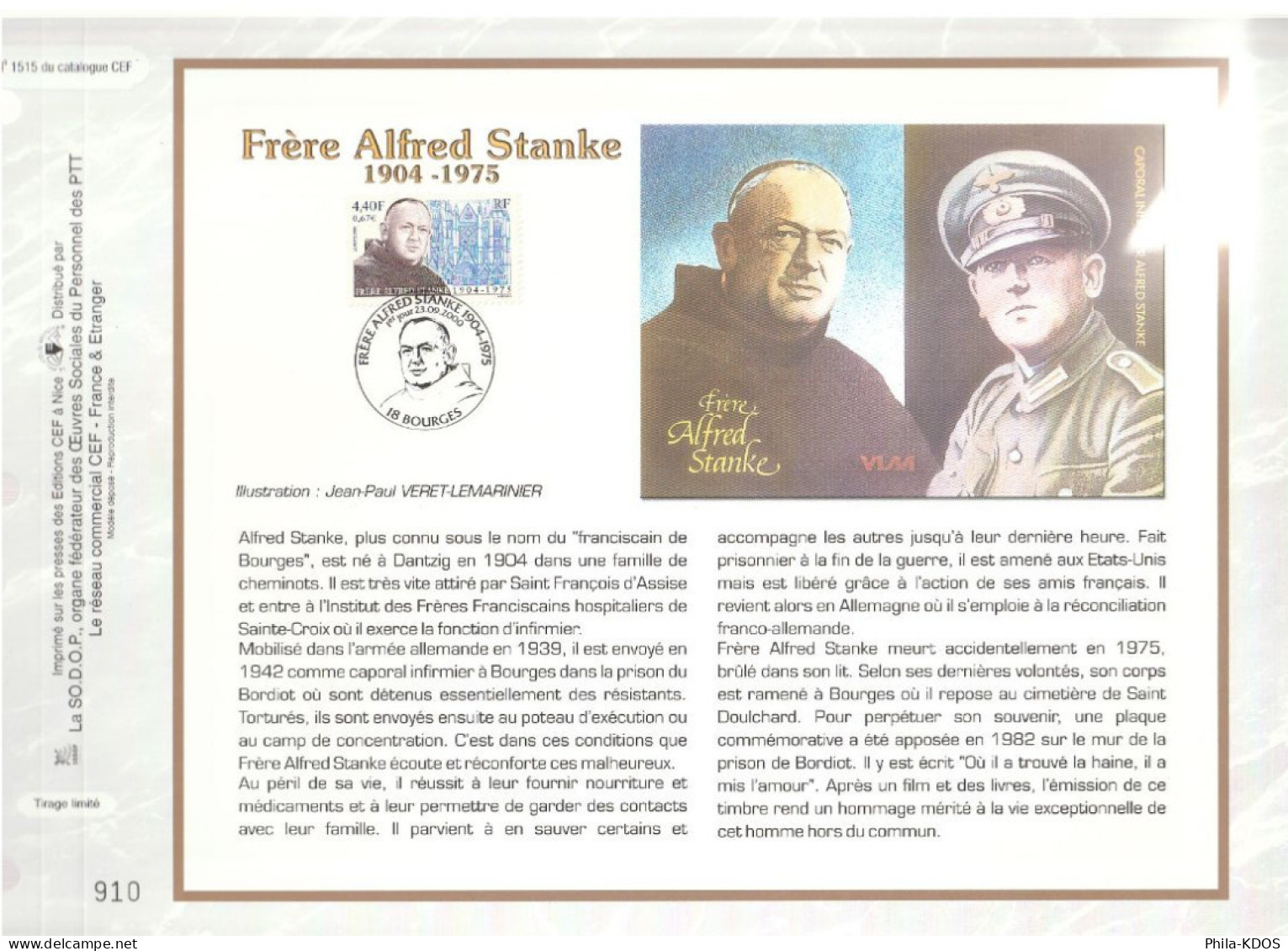 " FRERE ALFRED STANKE " Sur Feuillet CEF De 2000. N° 1515. N° YT 3349 Parfait état FDC à Saisir !!! - 2000-2009