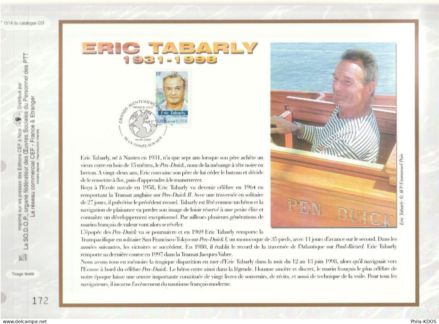 " ERIC TABARLY " Sur Feuillet CEF De 2000. N° 1514. N° YT 3342 Parfait état FDC à Saisir !!! - Esploratori