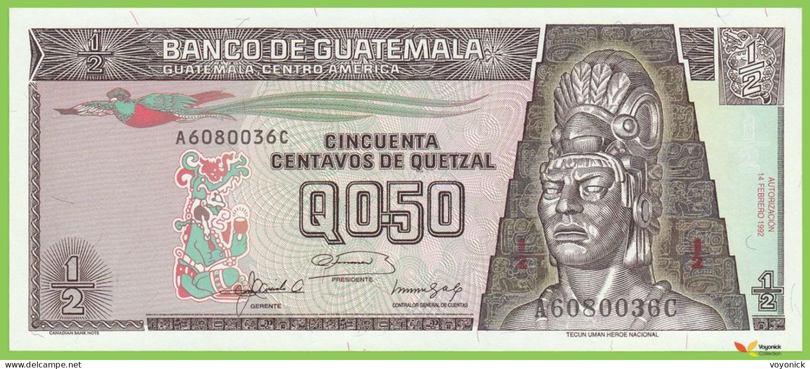 Voyo GUATEMALA ½ Quetzal 1992 P72b B556b A-C UNC - Guatemala