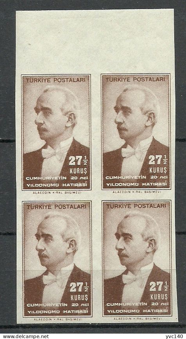 Turkey; 1943 20th Anniv. Of The Republic 27 1/2 K. ERROR "Imperforate Block Of 4" - Nuovi