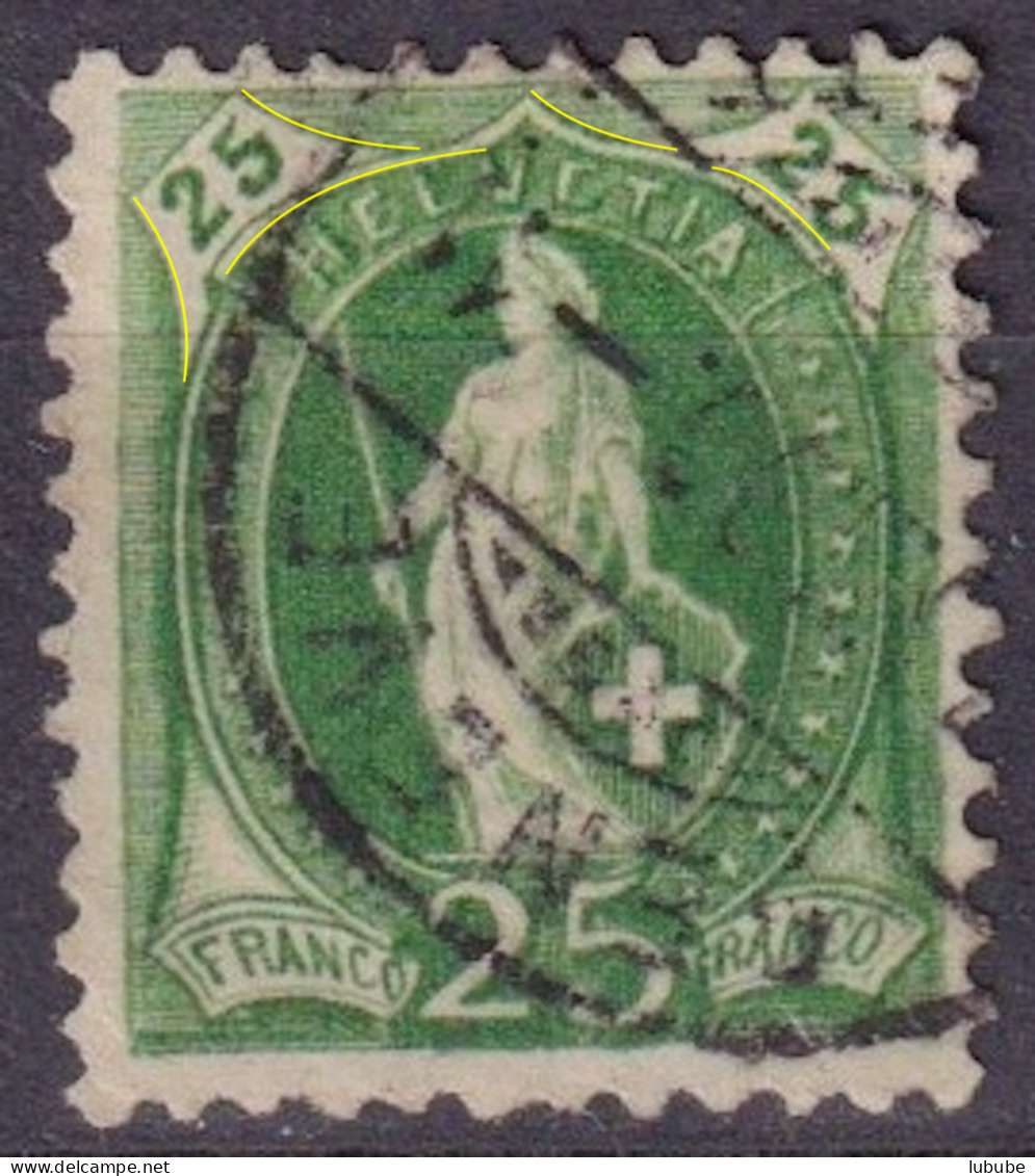 Stehende Helvetia 67A, 25 Rp.grün  GENEVE  (Schmitzdruck)      1899 - Usati