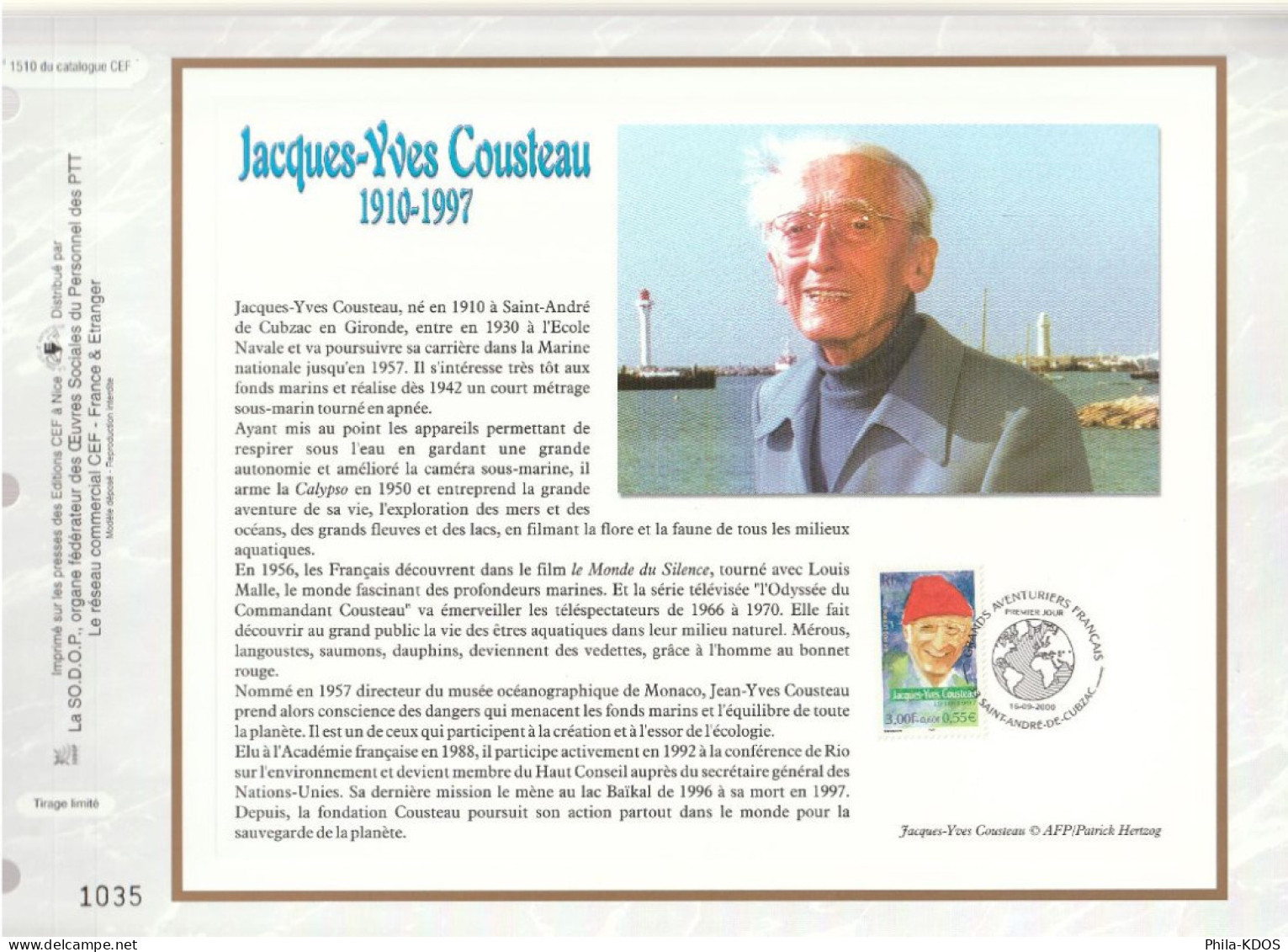 " JACQUES-YVES COUSTEAU " Sur Feuillet CEF De 2000. N° 1510. N° YT 3346 Parfait état FDC à Saisir !!! - Erforscher