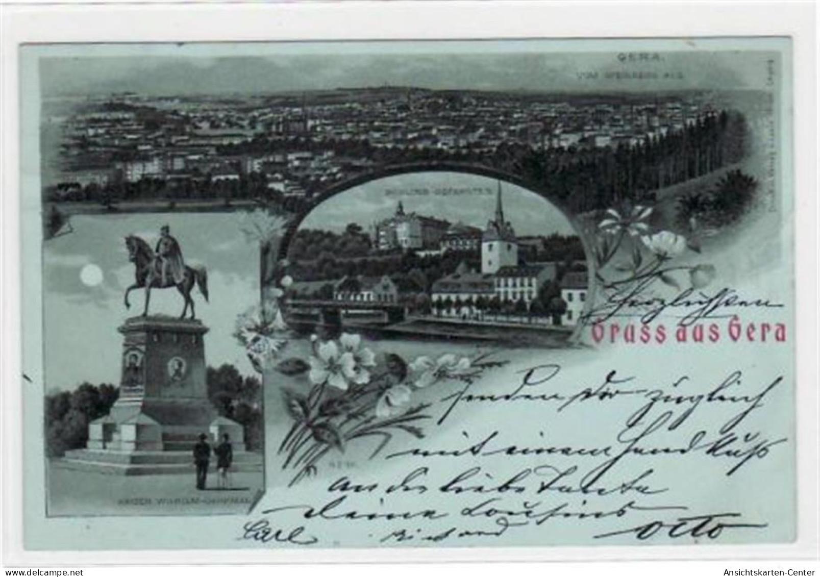 39017004 - Mondschein Lithographie Gruss Aus Gera Mit Schloss Osterstein, Kaiser Wilhelm Denkmal Und Gesamtansicht Gela - Gera