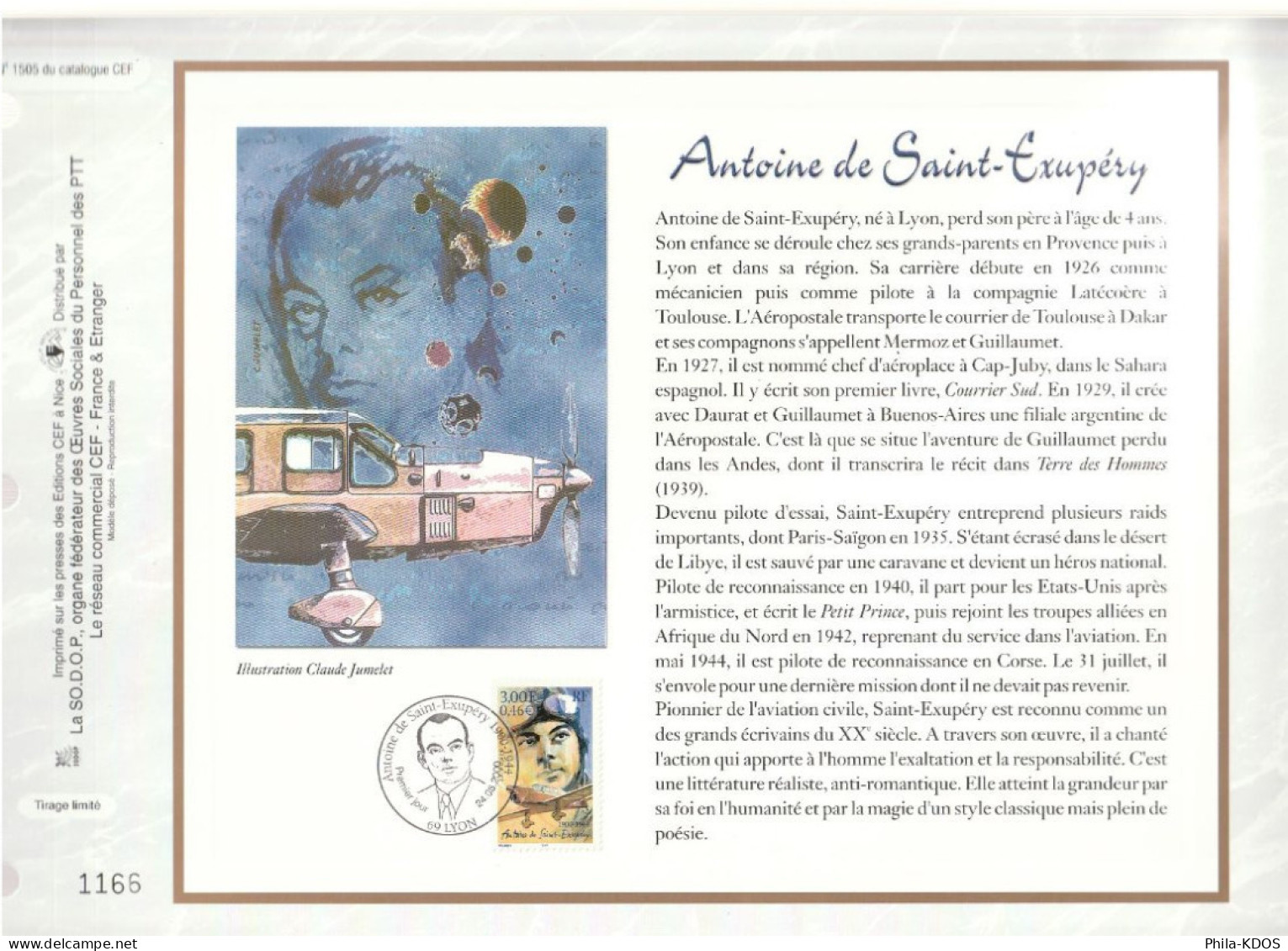 " ANTOINE DE SAINT-EXUPERY " Sur Feuillet CEF De 2000. N° 1505. N° YT 3337 Parfait état FDC à Saisir !!! - Airplanes