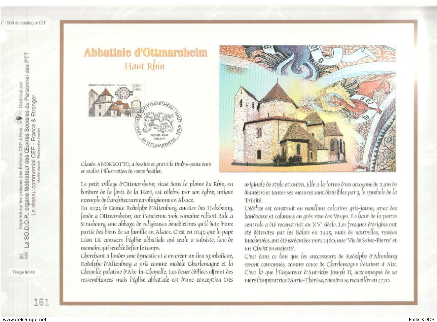 " ABBATIALE D'OTTMARSHEIM " Sur Feuillet CEF De 2000. N° 1504. N° YT 3336 Parfait état FDC à Saisir !!! - Abbeys & Monasteries