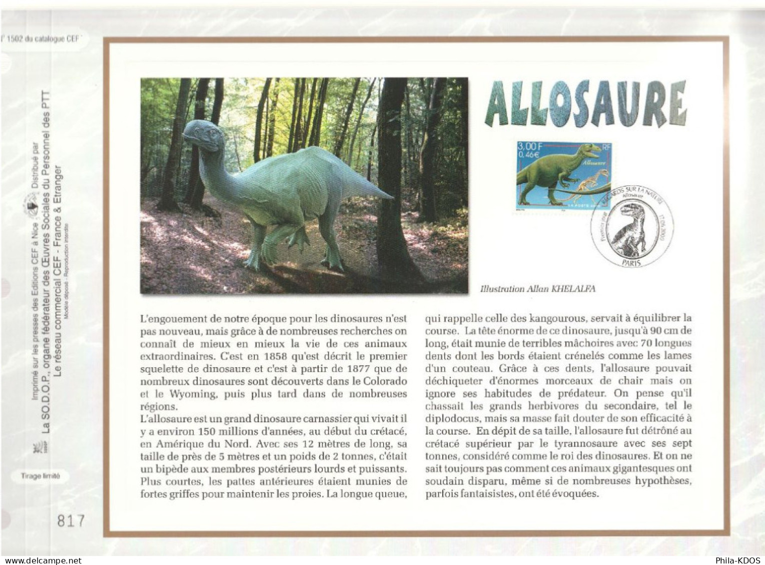 " ALLOSAURE " Sur Feuillet CEF De 2000. N° 1502 N° YT 3334 Parfait état FDC à Saisir !!! - Prehistoria