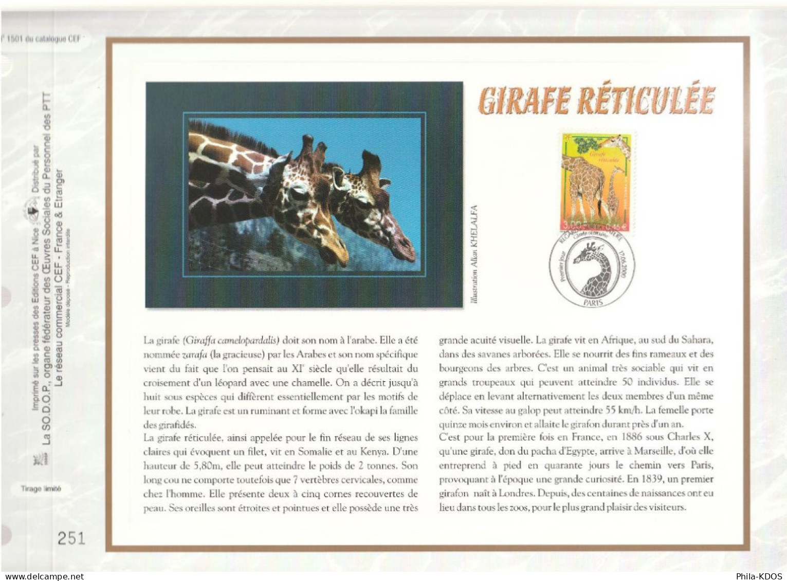 " GIRAFE RETICULEE " Sur Feuillet CEF De 2000. N° 1501 N° YT 3333 Parfait état FDC à Saisir !!! - 2000-2009