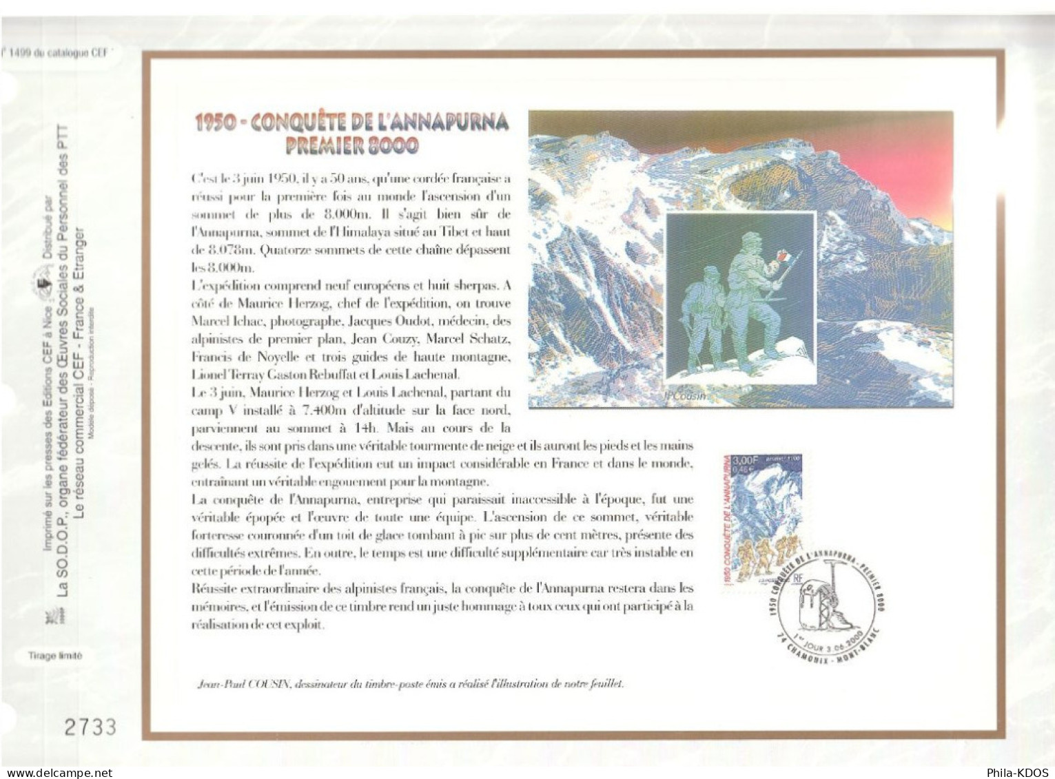 " CONQUETE DE L'ANNAPURNA " Sur Feuillet CEF De 2000. N° 1499 N° YT 3331 Parfait état FDC à Saisir !!! - Mountains