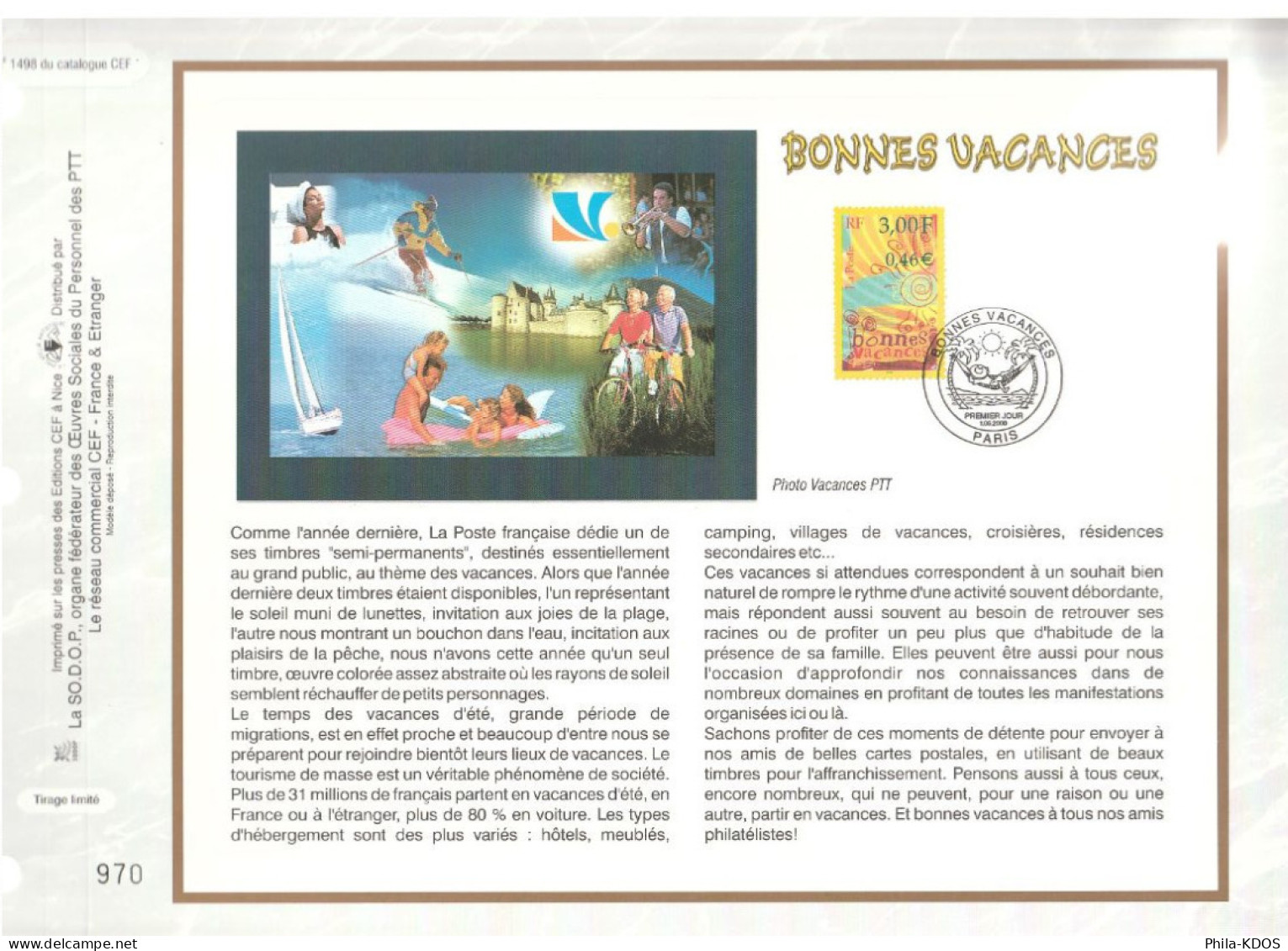 " BONNES VACANCES " Sur Feuillet CEF De 2000. N° 1498. N° YT 3330 Parfait état FDC à Saisir !!! - 2000-2009