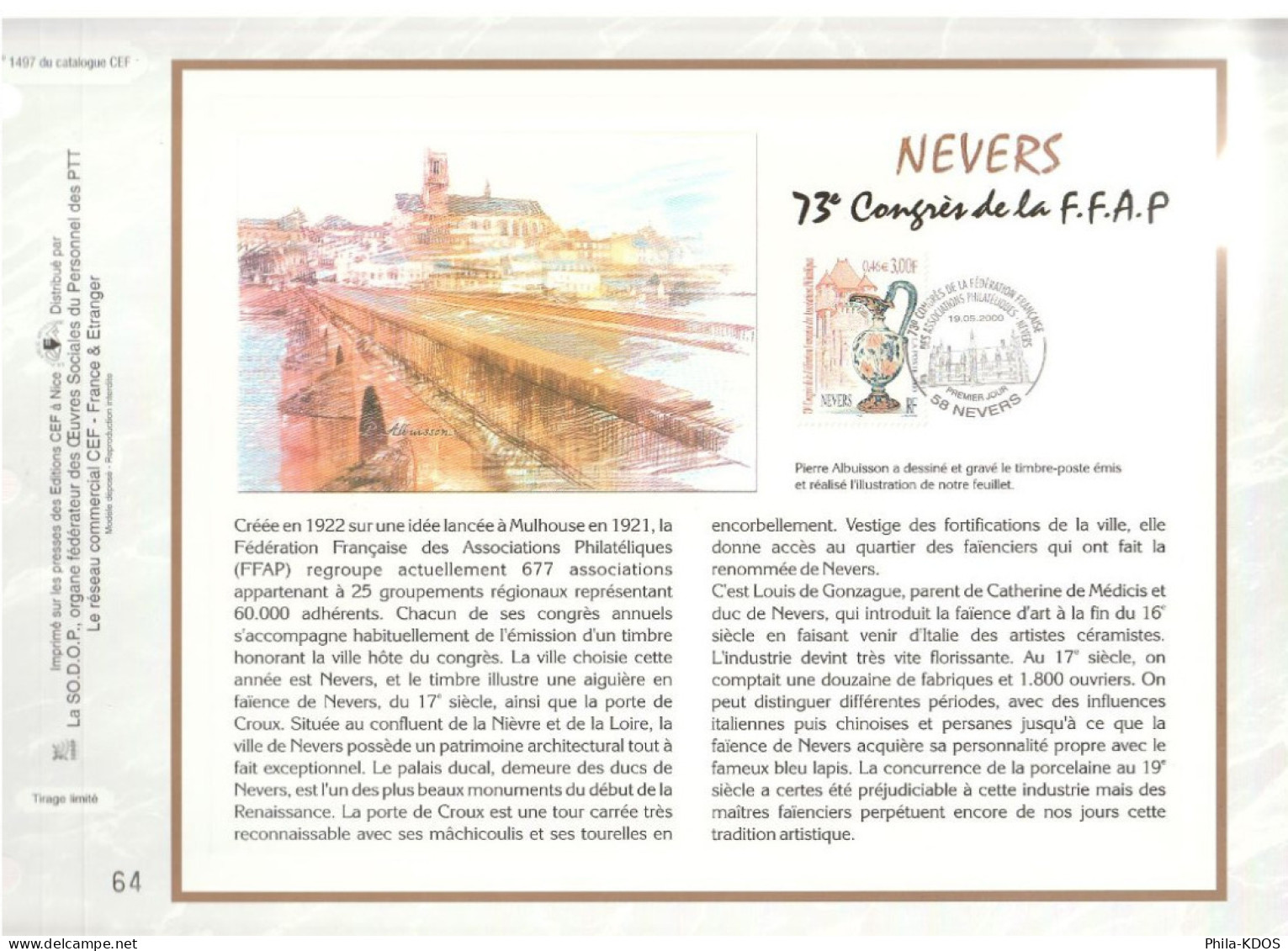 " NEVERS " Sur Feuillet CEF De 2000. N° 1497. N° YT 3329 Parfait état FDC à Saisir !!! - 2000-2009