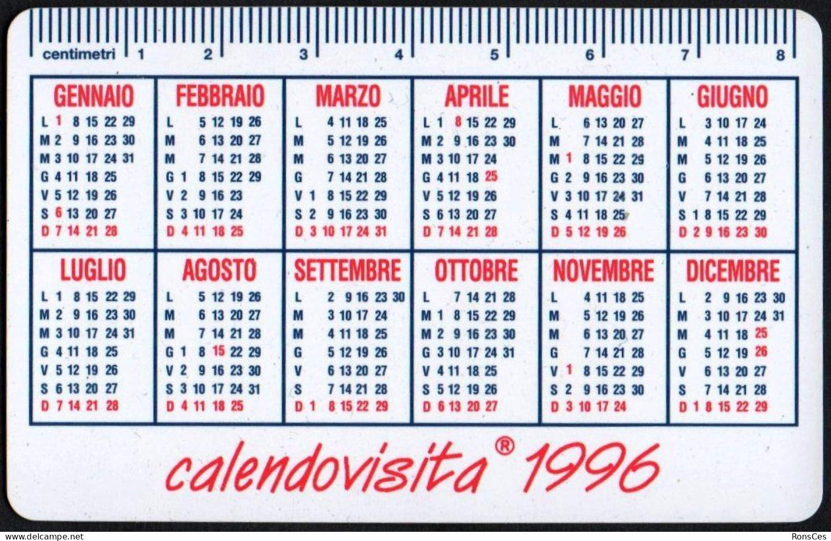 ITALIA 1996 - CALENDARIO TASCABILE - ANTONINO PLEIMES - SPECIALISTA IN FILATELIA - CALENDOVISITA 1996 - I - Tamaño Pequeño : 1991-00