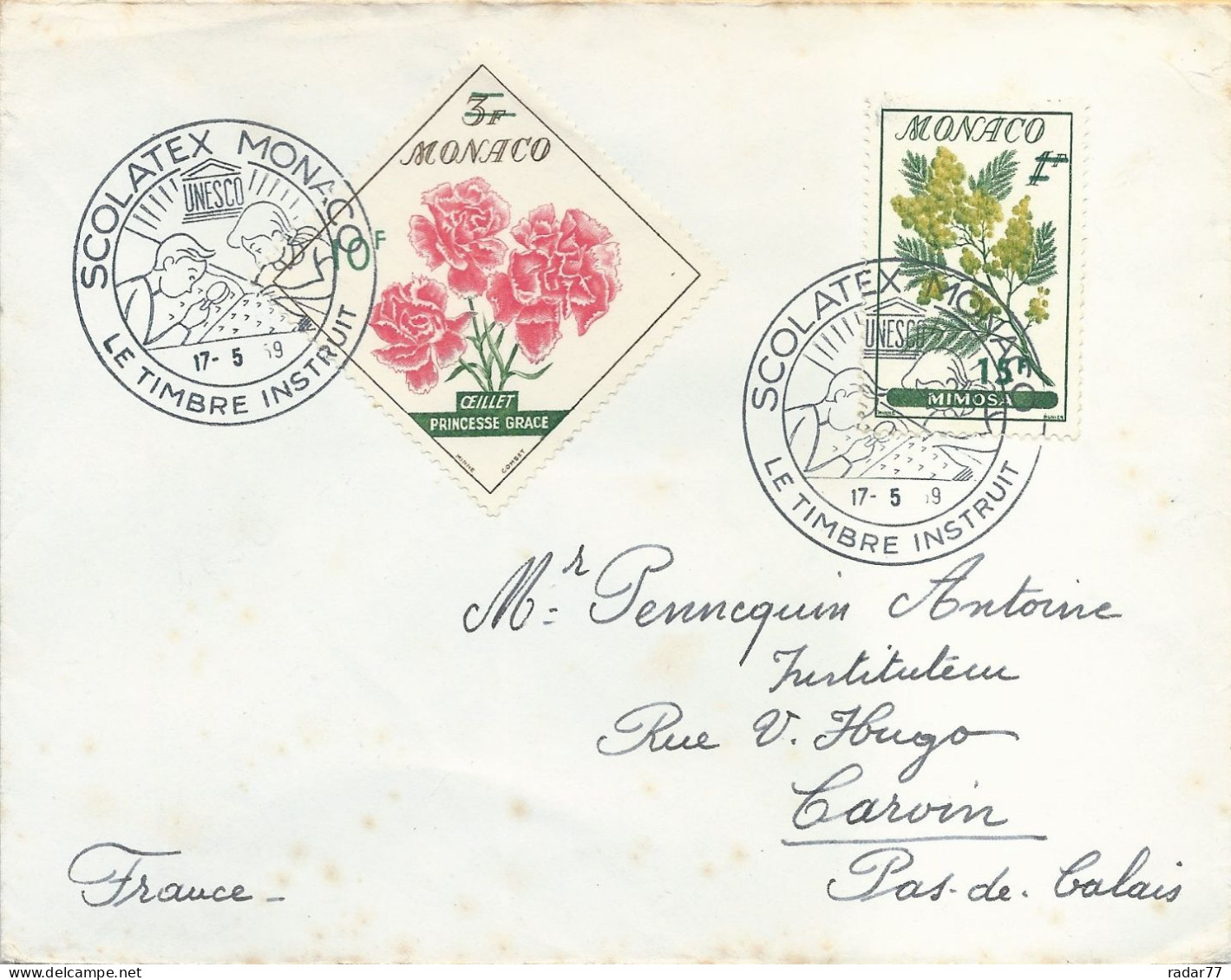 Lettre Monaco Avec Cachet Commémoratif Scolatex Monaco - Le Timbre Instruit - 17/05/1959 - Postmarks