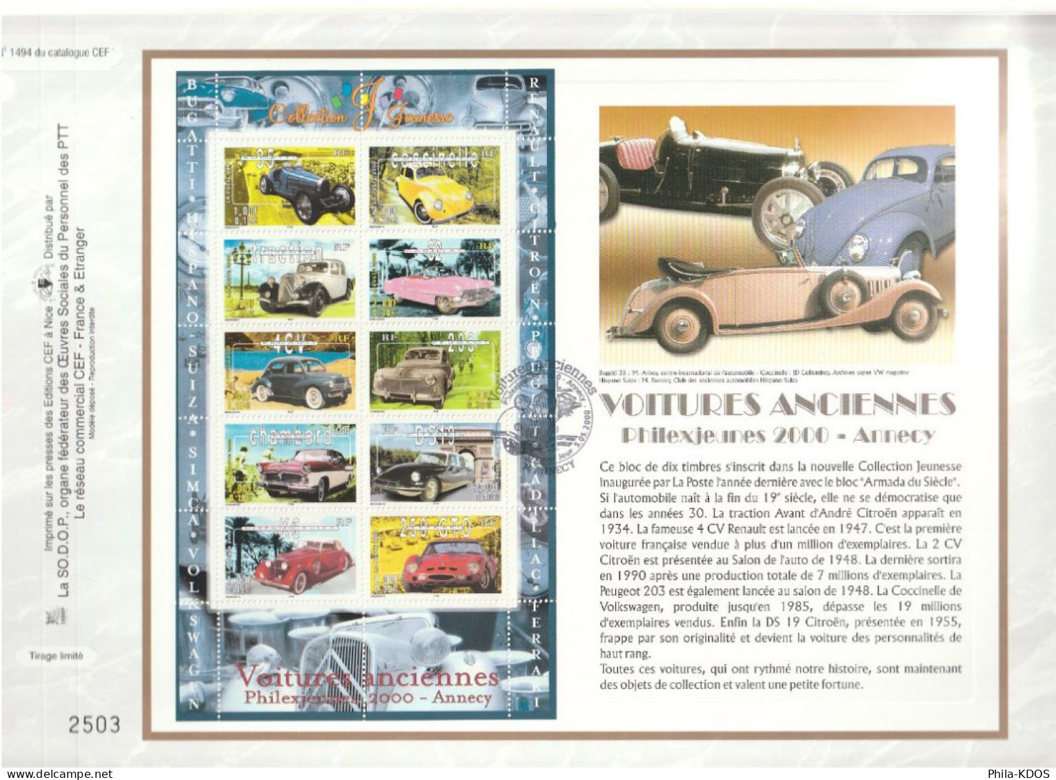 " COLLECTION JEUNESSE : VOITURES ANCIENNES " Sur Feuillet CEF De 2000. N° 1494. N°YT BF 30 Parfait état FDC à Saisir !!! - Cars