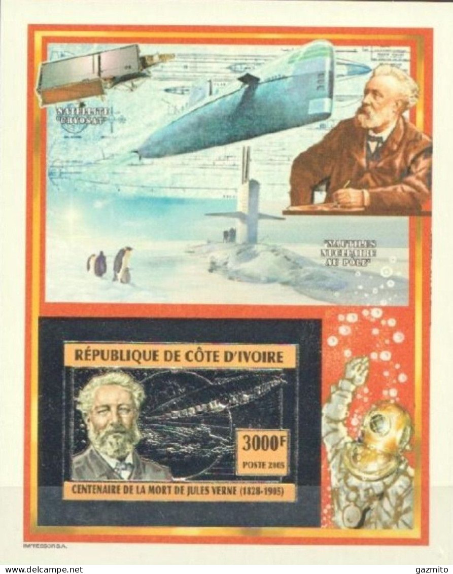 Ivory Coast 2005, Jules Verne, Submarine, Diving, BF IMPERFORATED Silver - Côte D'Ivoire (1960-...)