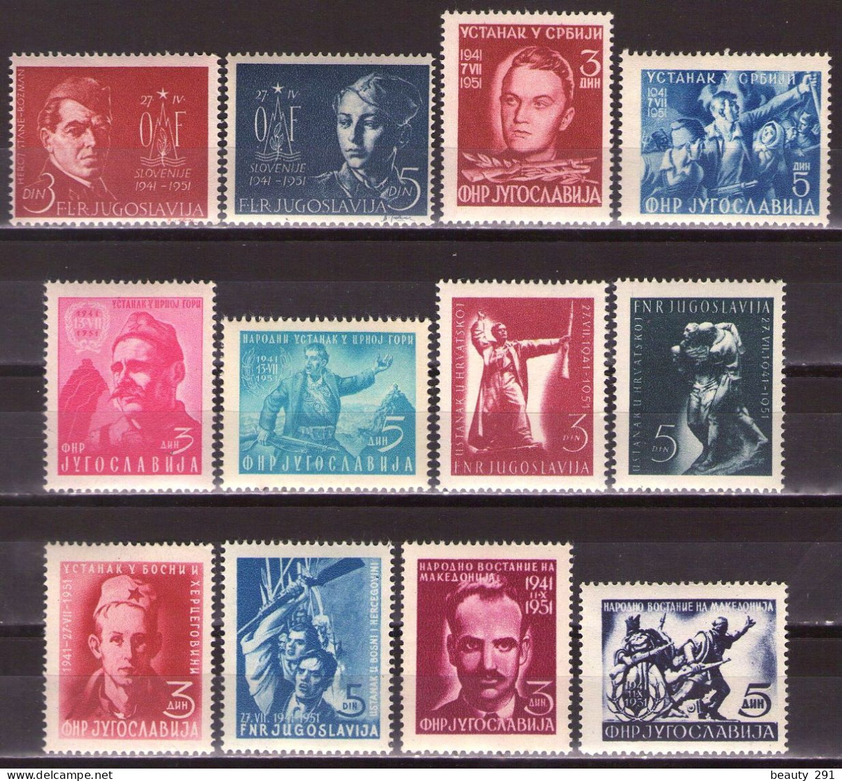 Yugoslavia 1951 - 10th Anniversary Of Partisans - Mi 641-642,658-659,660-661,662-663,664-665,672-673 - MNH**VF - Ongebruikt