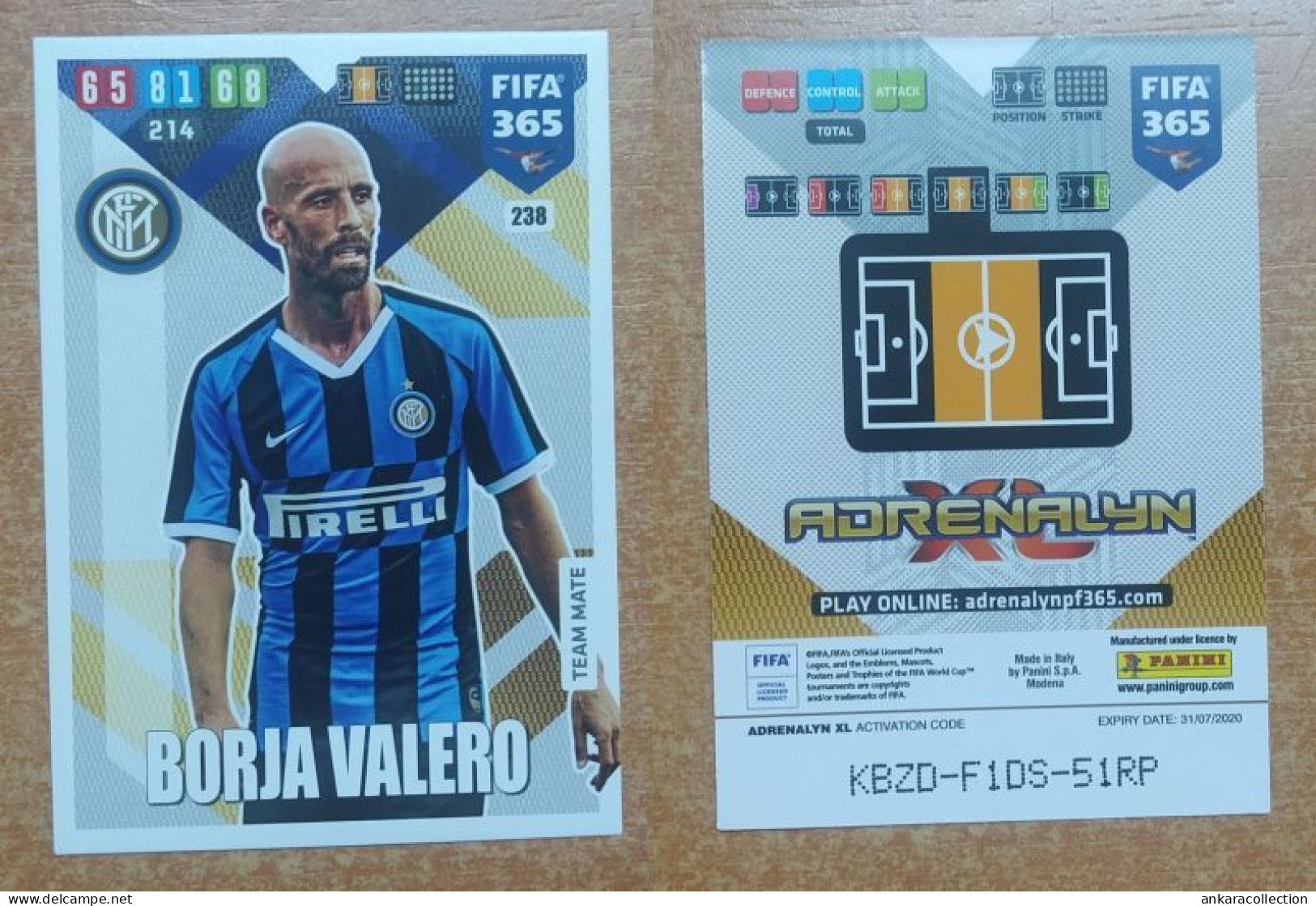 AC - 238 BORJA VALERO  FC INTERNAZIONALE MILANO  PANINI FIFA 365 2020 ADRENALYN TRADING CARD - Trading-Karten