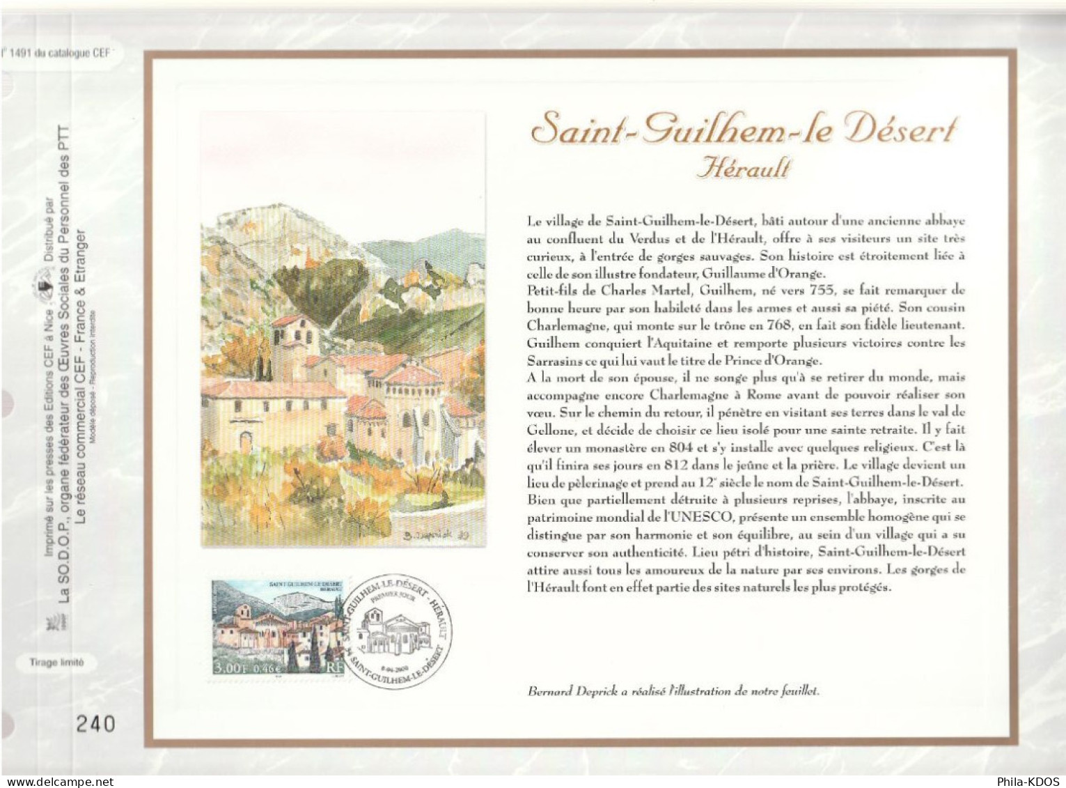 " SAINT-GUILHEM-LE DESERT " Sur Feuillet CEF De 2000. N° 1491. N° YT 3310 Parfait état FDC à Saisir !!! - 2000-2009