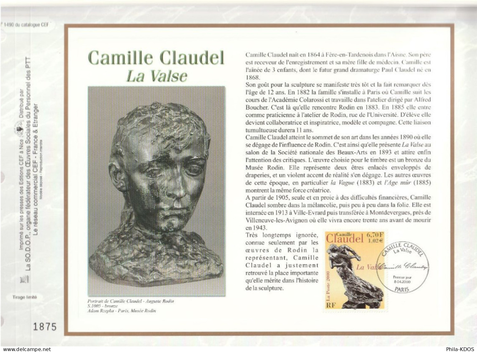 " LA VALSE De CAMILLE CLAUDEL " Sur Feuillet CEF De 2000. N° 1490. N° YT 3309 Parfait état FDC à Saisir !!! - Scultura