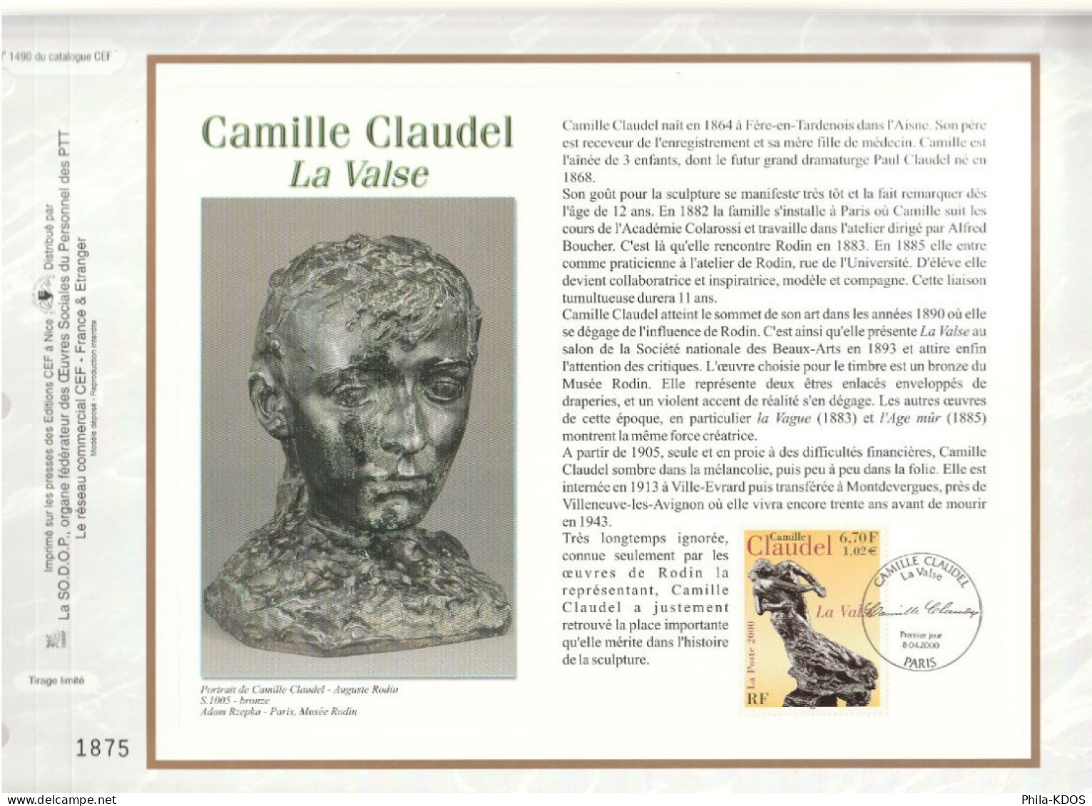 " LA VALSE De CAMILLE CLAUDEL " Sur Feuillet CEF De 2000. N° 1490. N° YT 3309 Parfait état FDC à Saisir !!! - Sculpture