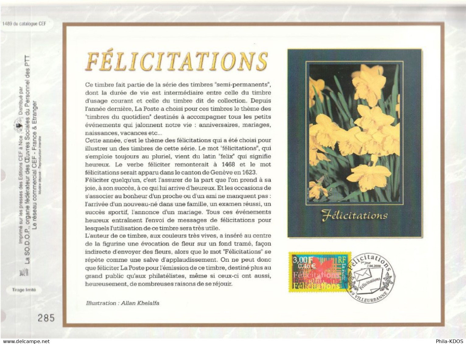 " FELICITATIONS " Sur Feuillet CEF De 2000. N° 1489. N° YT 3308 Parfait état FDC à Saisir !!! - 2000-2009