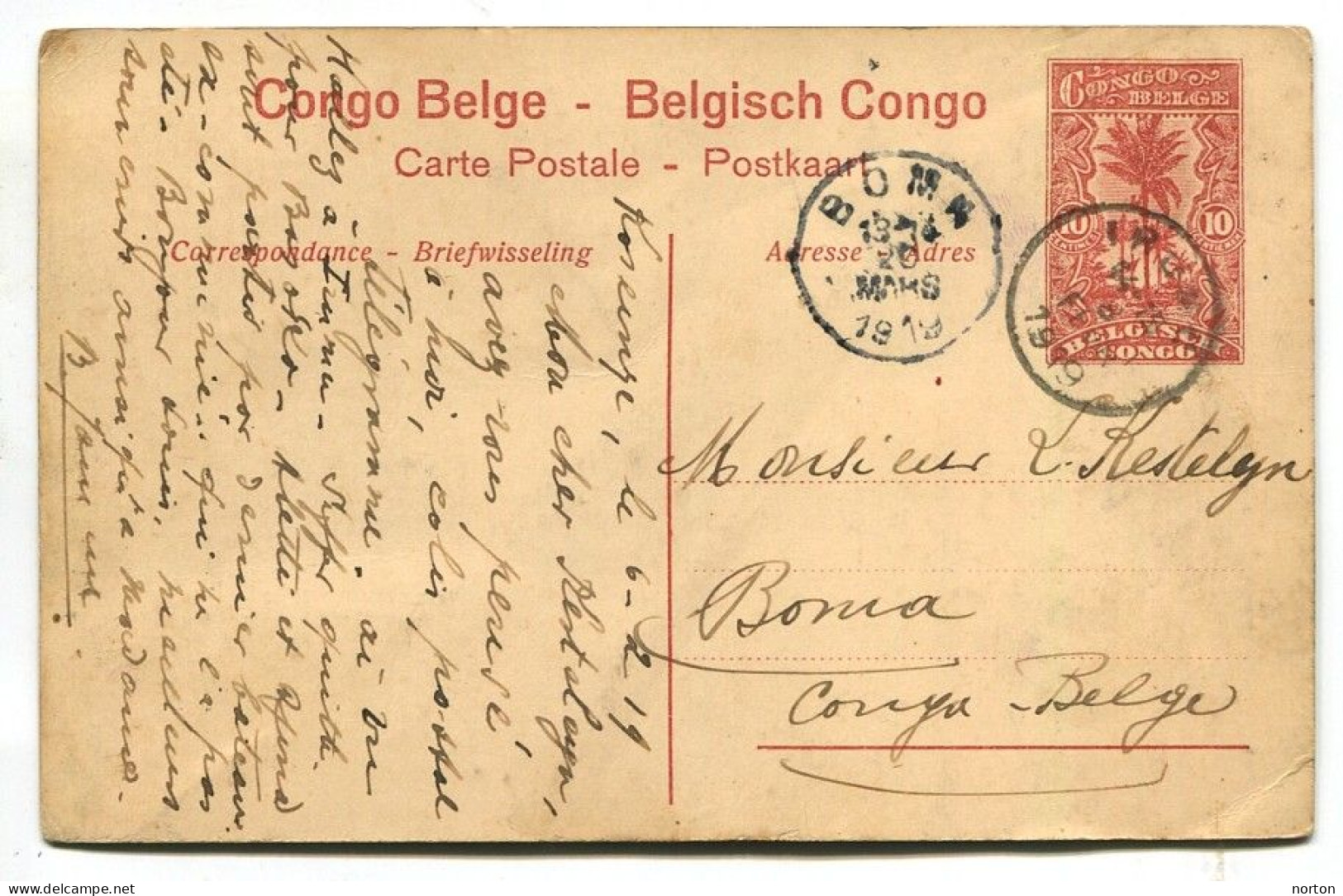 Congo Irumu Oblit. Keach 1.1-tDMY Sur Entier Postal Vers Boma Le 08/02/1919 - Lettres & Documents