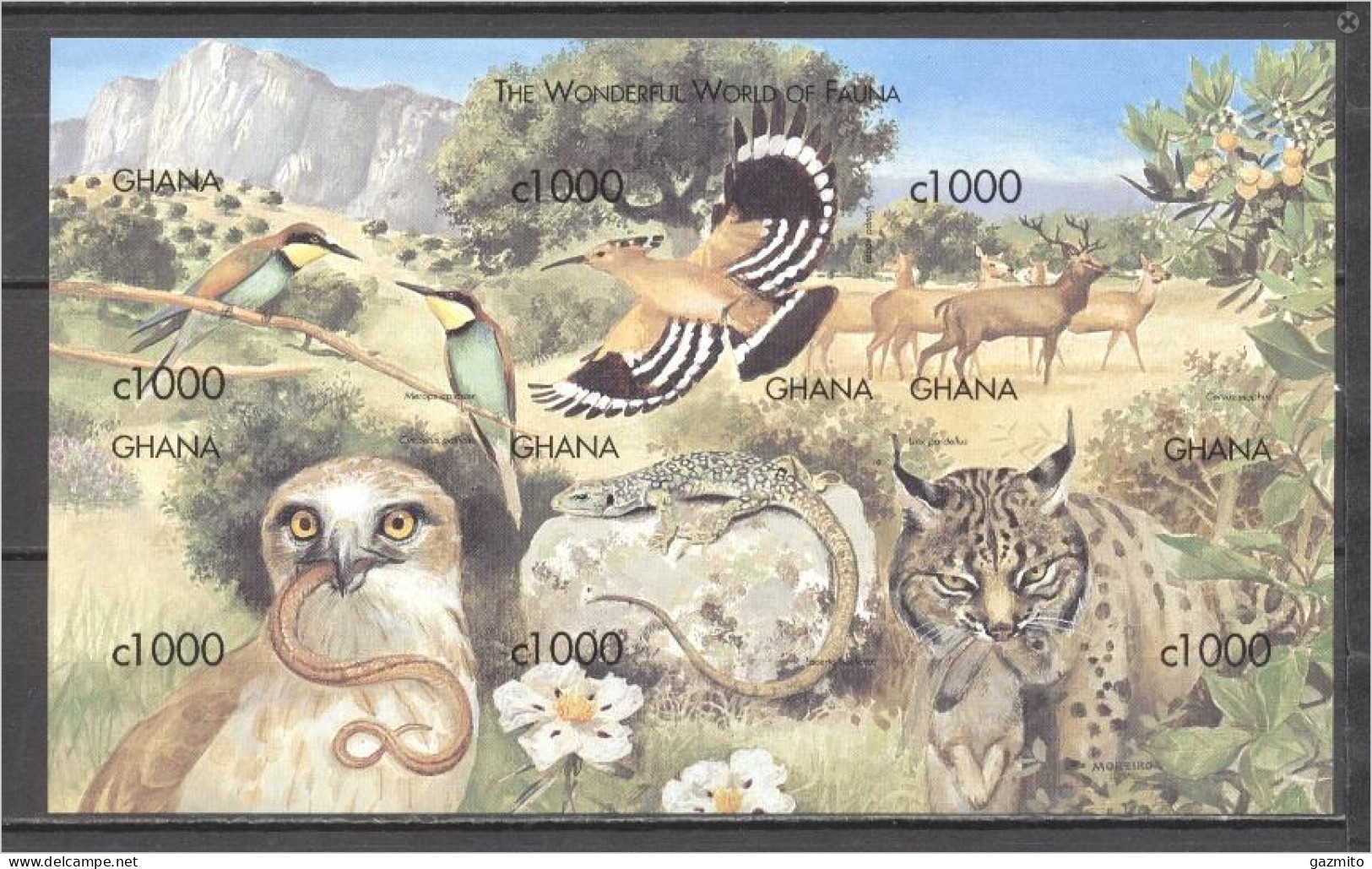 Ghana 1999, Animals, Birds, Hoopoe, Snake, Wild Cat, Lizard, 6val In Block IMPERFORATED - Owls