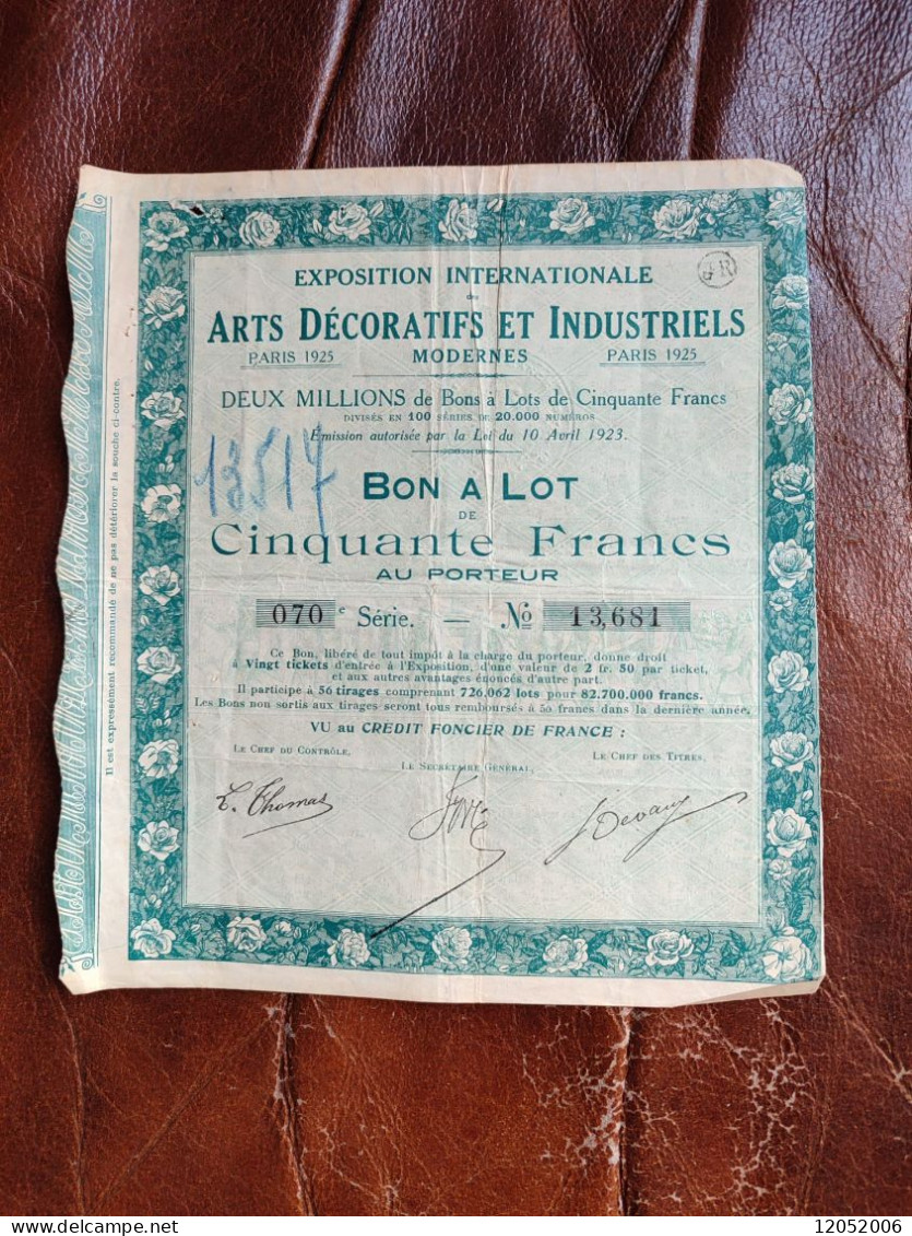 Bon Au Porteur De 50 Francs 1925 Expo Internationale Des Arts Decoratifs Et Industriels  Paris - Andere & Zonder Classificatie