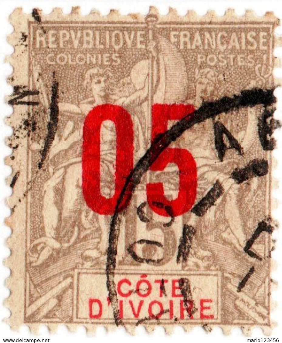 COSTA D’AVORIO, IVORY COAST, TIPO “GROUPE”, SOPRASTAMPATO, 5 C., 1912, FRANCOBOLLI USATI Scott:CI 37, Yt:CI 36 - Gebraucht