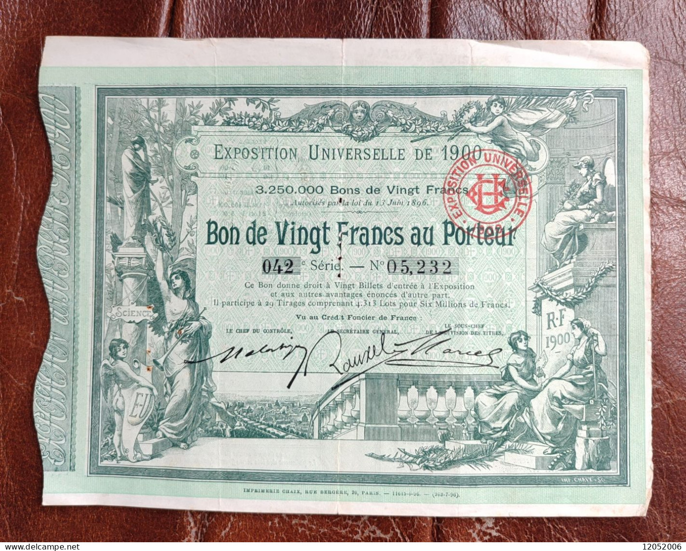 Bon Au Porteur De 20 Francs  Exposition Universelle De 1900 - Andere & Zonder Classificatie