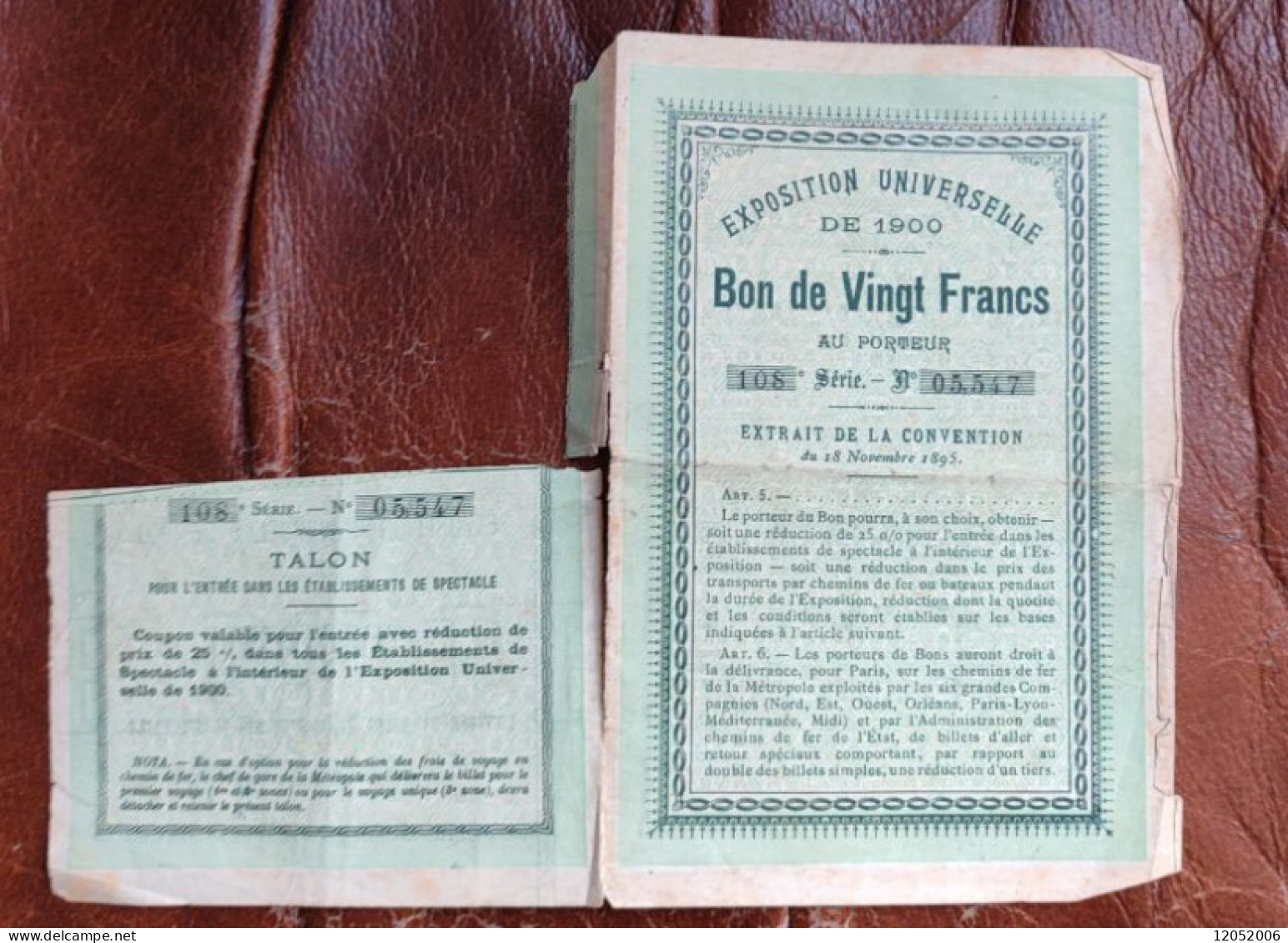 Bon Au Porteur De 20 Francs  Exposition Universelle De 1900, Extrait De La Convention - Altri & Non Classificati