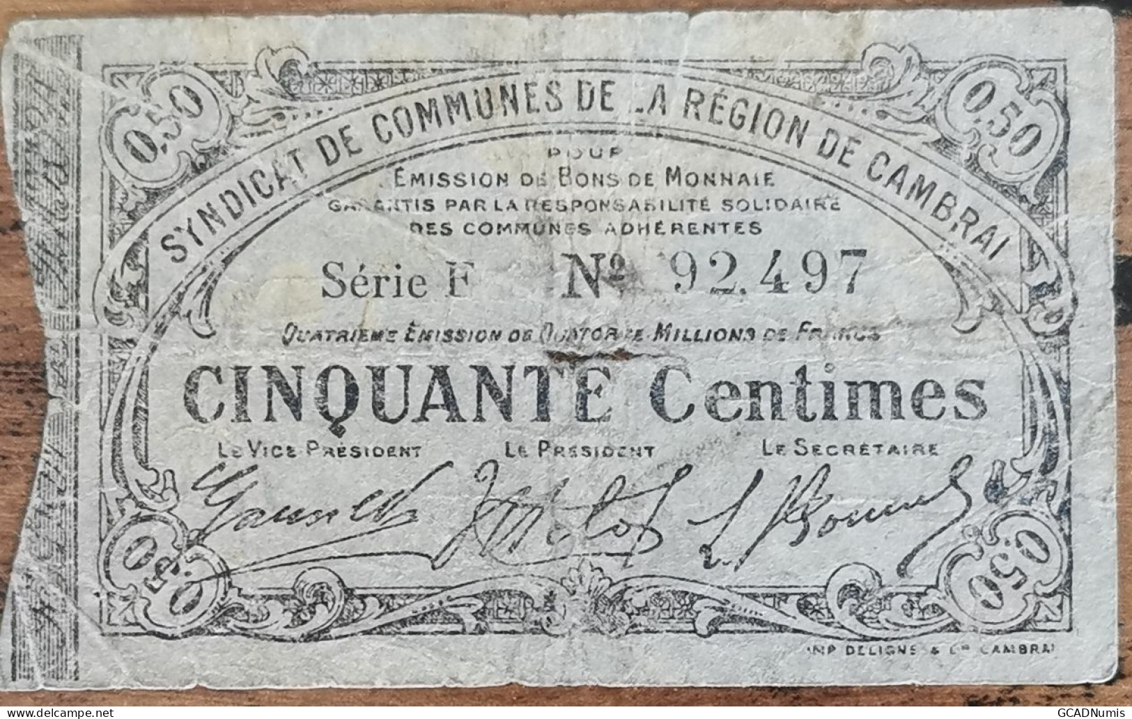 Billet 50 Centimes Syndicat De Communes De La Région De CAMBRAI  1916 - Chamber Of Commerce