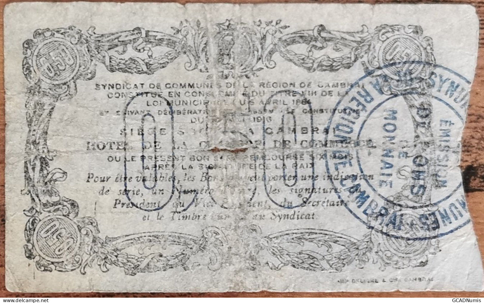 Billet 50 Centimes Syndicat De Communes De La Région De CAMBRAI  1916 - Cámara De Comercio