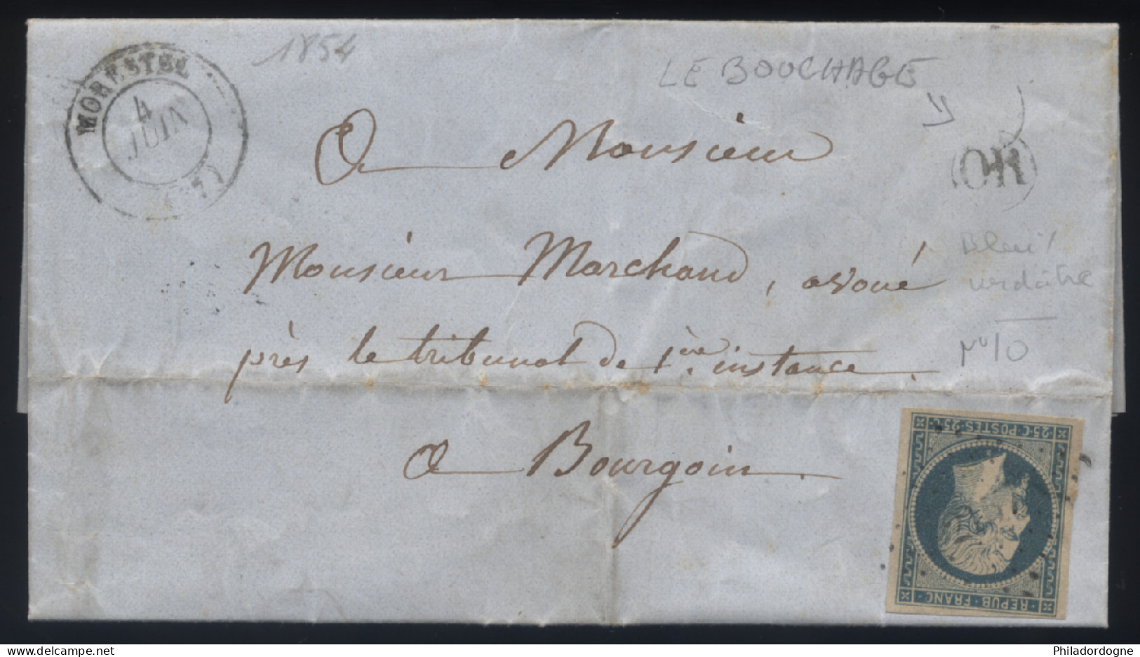 France - Yvert N° 10 Bleu Verdatre TTB Seul Sur LaC OR Le Bouchage Obl PC 2157 Morestel Pour Bourgoin - 02/06/1854 - 1852 Louis-Napoléon