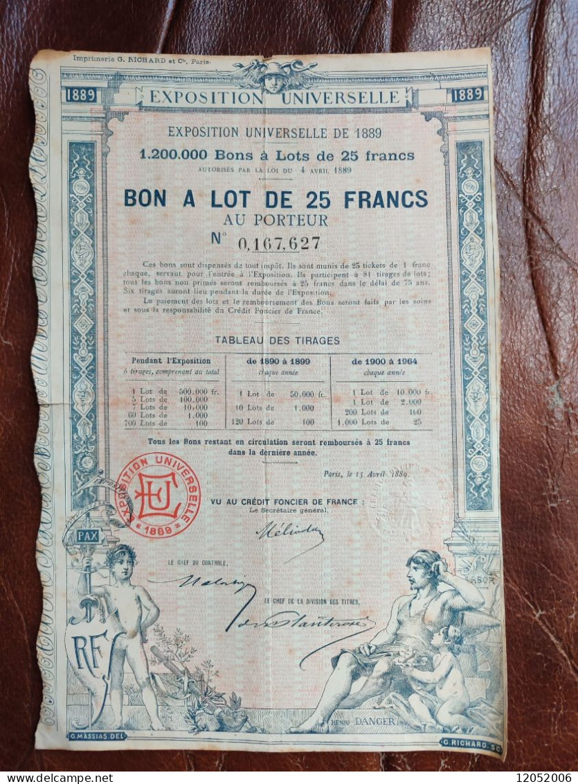 Bon Au Porteur De 25 Francs  Exposition Universelle De 1899 - Sonstige & Ohne Zuordnung