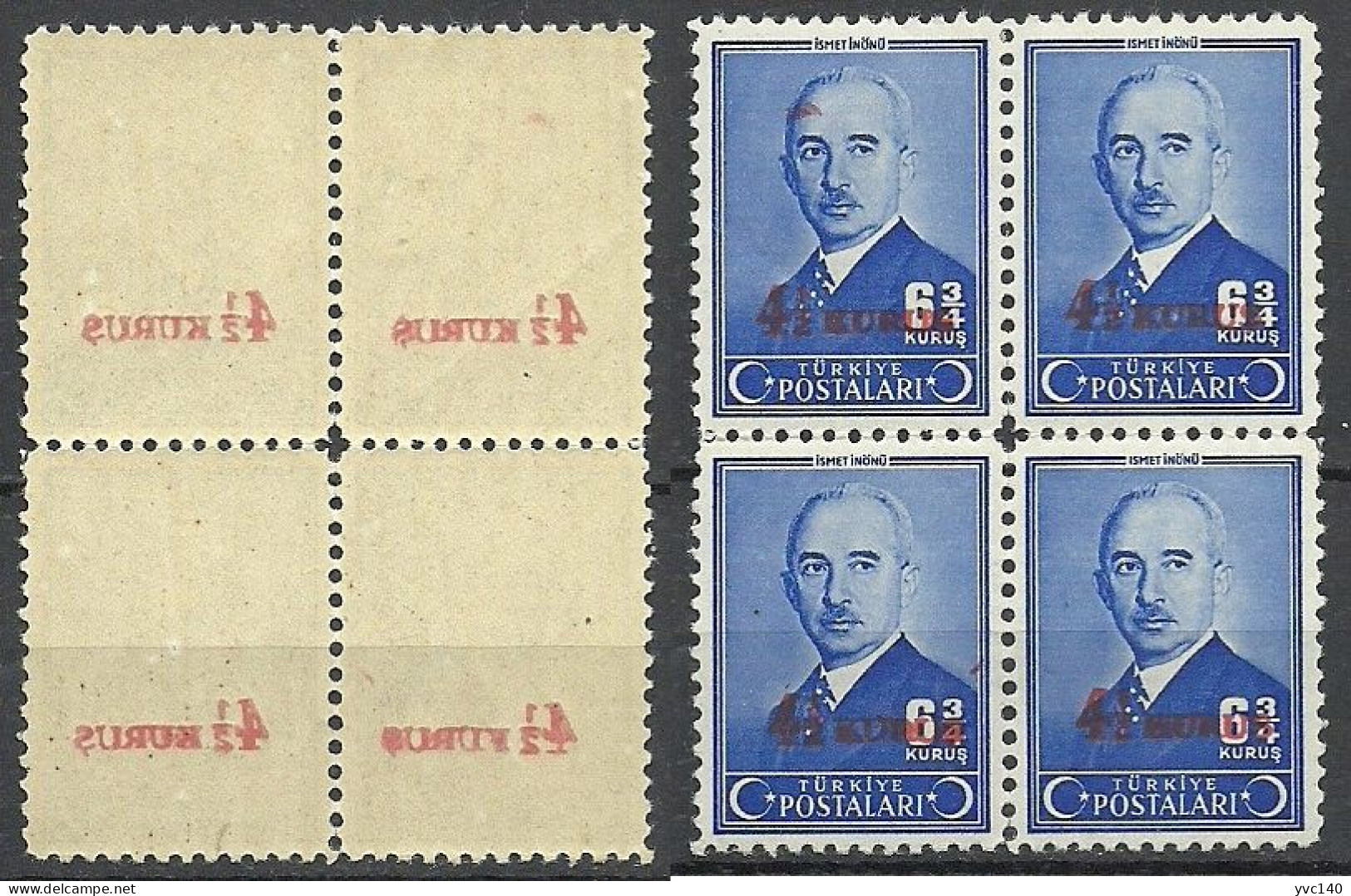 Turkey; 1943 Overprinted Postage Stamp, ERROR "Abklatsch Overprint" Block Of 4 - Unused Stamps