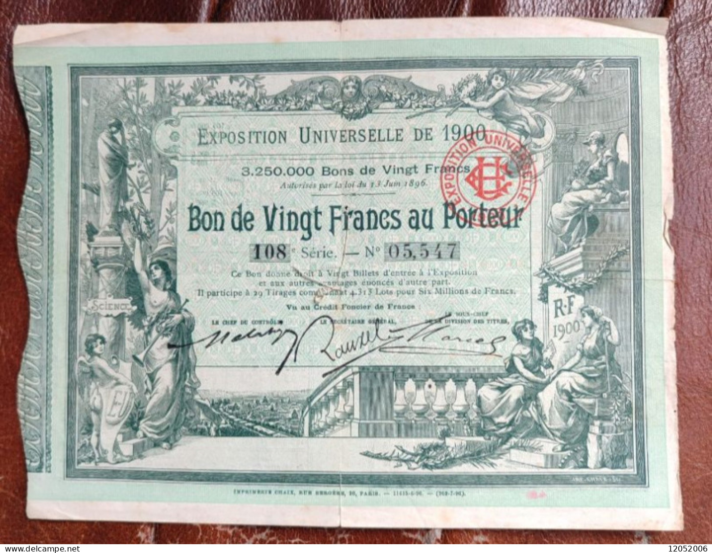 Bon Au Porteur De 20 Francs  Exposition Universelle De 1900 - Altri & Non Classificati