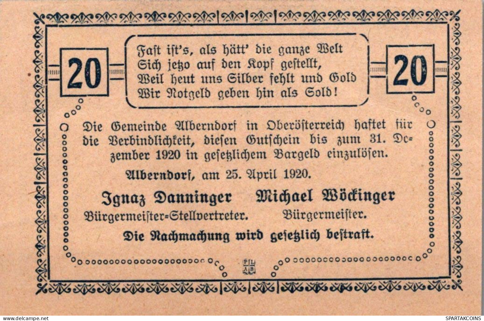 20 HELLER 1920 Stadt ALBERNDORF Oberösterreich Österreich Notgeld #PE146 - [11] Local Banknote Issues