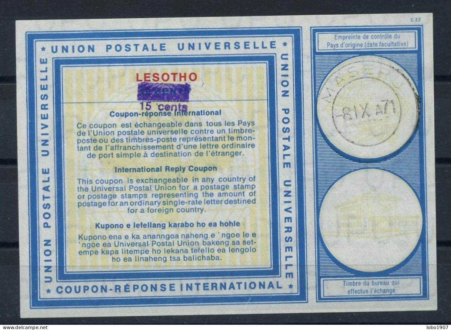 LESOTHO  Vi19  15 Cents / 10 CENTS International Reply Coupon Reponse Antwortschein IRC IAS O MASERU 08.09.71 - Lesotho (1966-...)