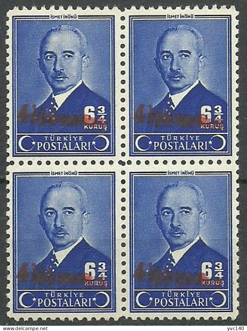 Turkey; 1943 Overprinted Postage Stamp, ERROR "Sloppy Overprint" Block Of 4 - Ungebraucht