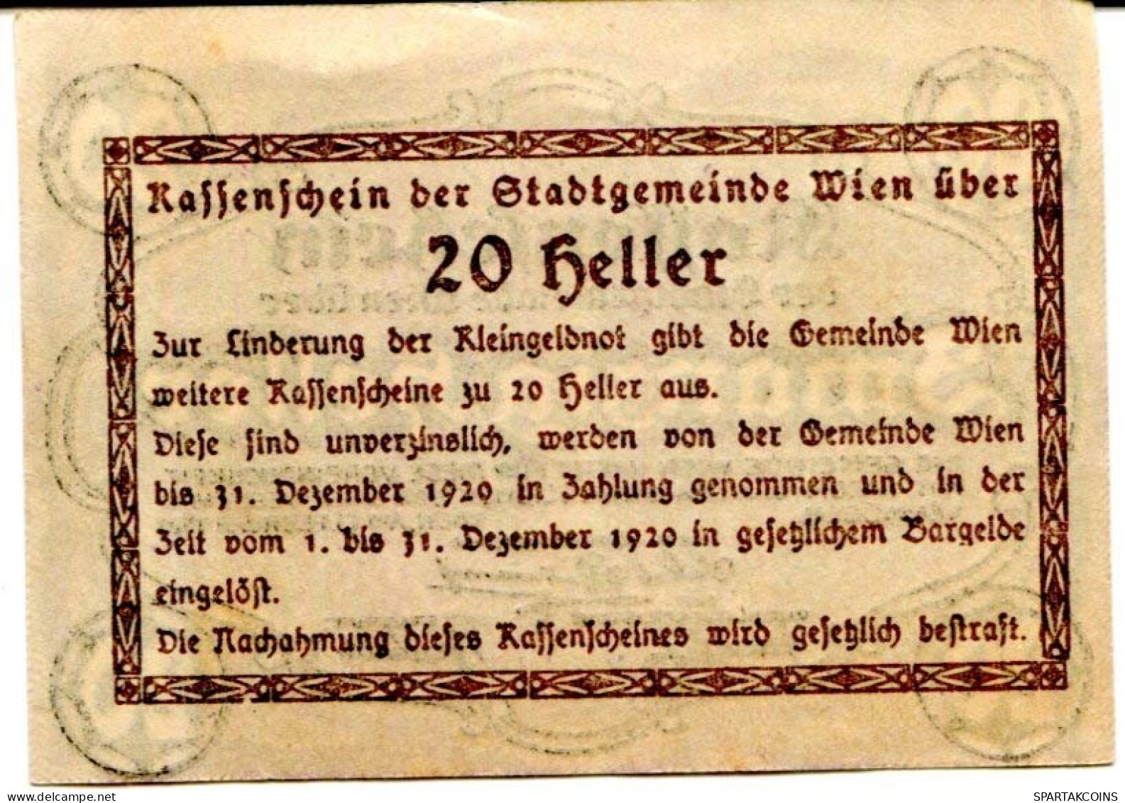 20 HELLER 1920 Stadt Wien Österreich Notgeld Papiergeld Banknote #PL585 - [11] Local Banknote Issues