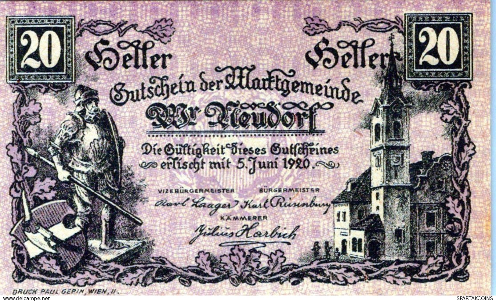 20 HELLER 1920 Stadt WIENER NEUDORF Niedrigeren Österreich Notgeld #PE452 - [11] Local Banknote Issues