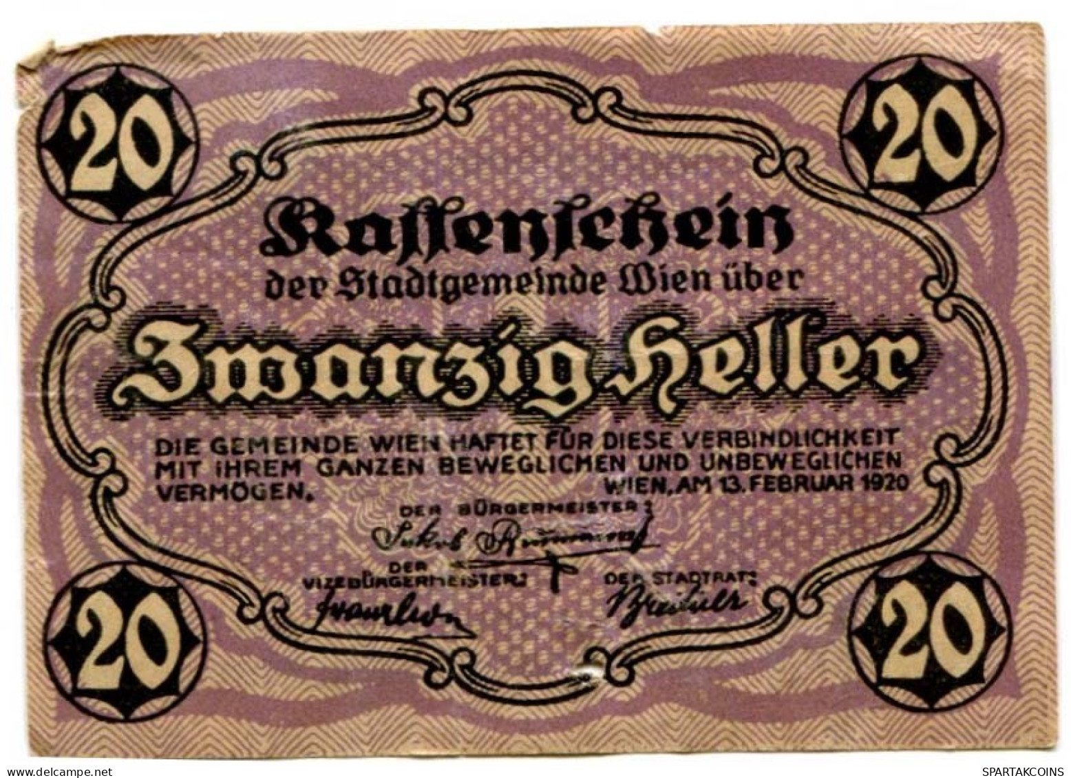 20 HELLER 1920 Stadt Wien Österreich Notgeld Papiergeld Banknote #PL583 - [11] Local Banknote Issues