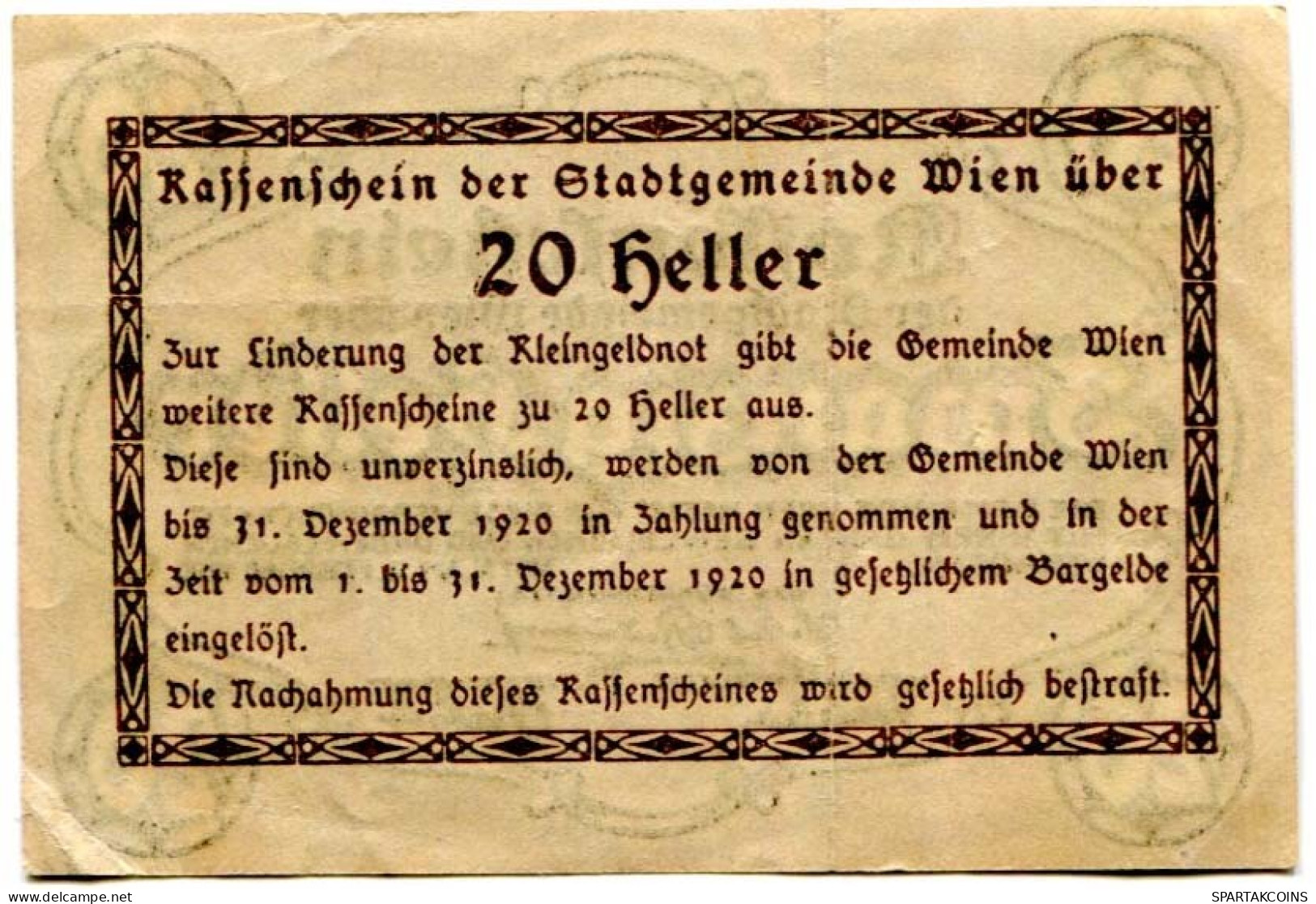 20 HELLER 1920 Stadt Wien Österreich Notgeld Papiergeld Banknote #PL582 - [11] Local Banknote Issues