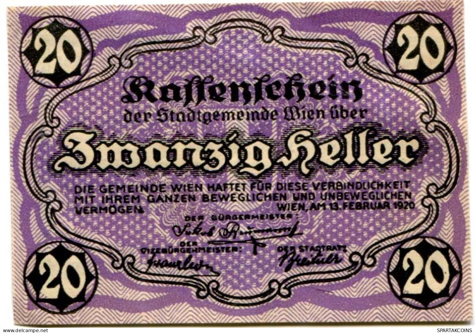 20 HELLER 1920 Stadt Wien Österreich Notgeld Papiergeld Banknote #PL581 - [11] Local Banknote Issues