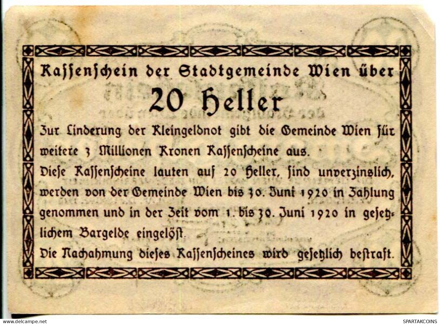 20 HELLER 1920 Stadt Wien Österreich Notgeld Papiergeld Banknote #PL579 - [11] Local Banknote Issues