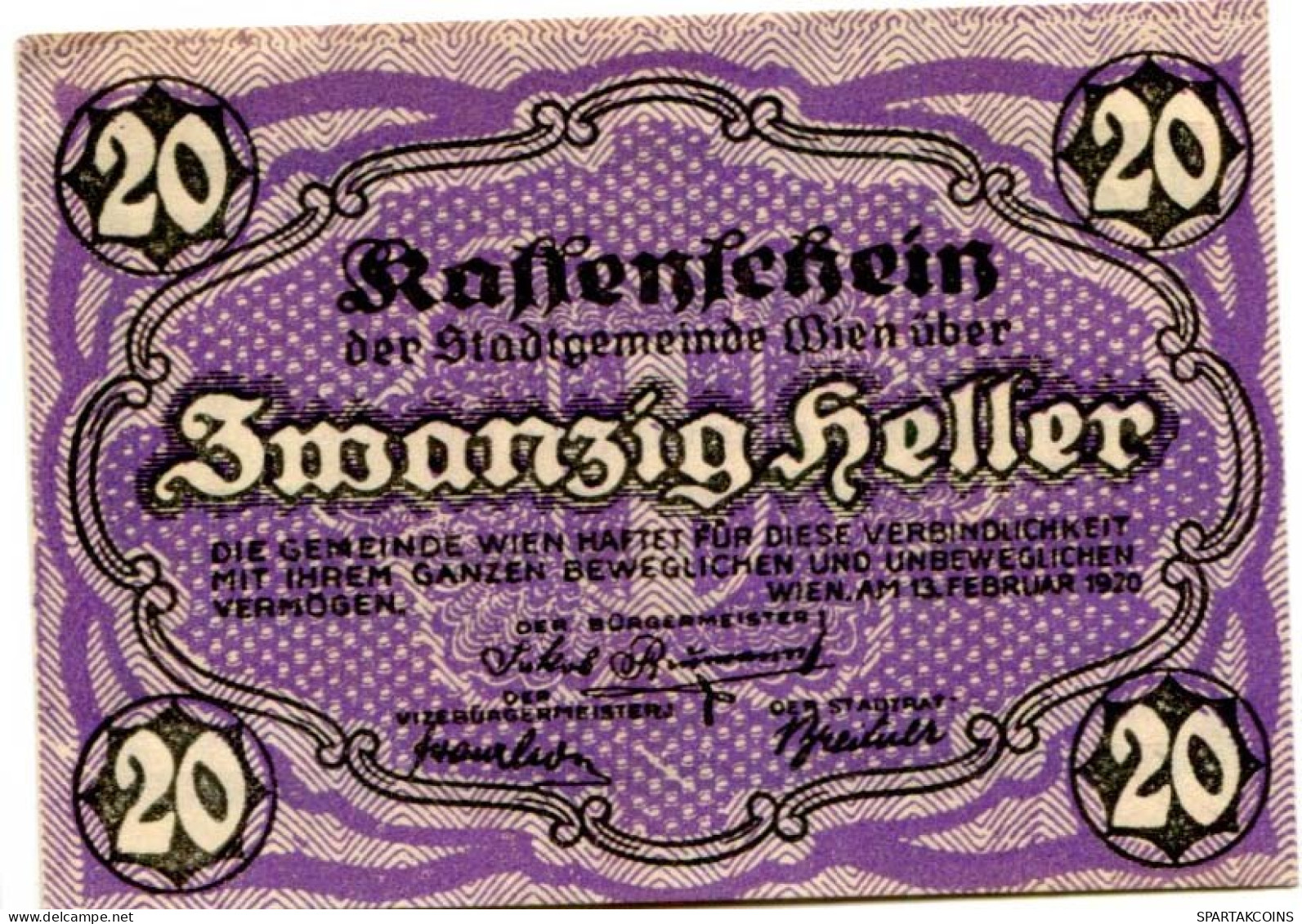 20 HELLER 1920 Stadt Wien Österreich Notgeld Papiergeld Banknote #PL572 - [11] Local Banknote Issues
