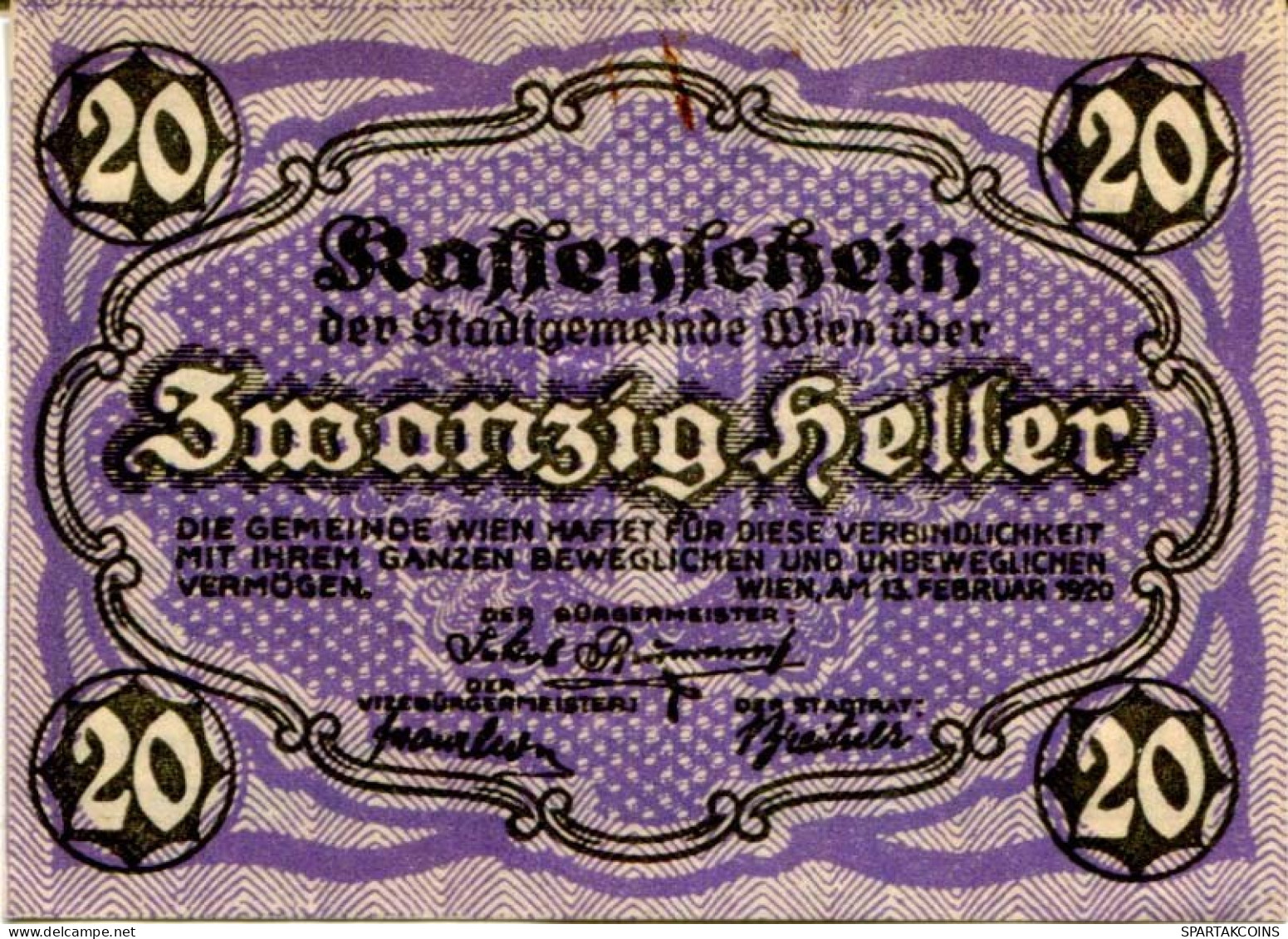 20 HELLER 1920 Stadt Wien Österreich Notgeld Papiergeld Banknote #PL570 - [11] Local Banknote Issues